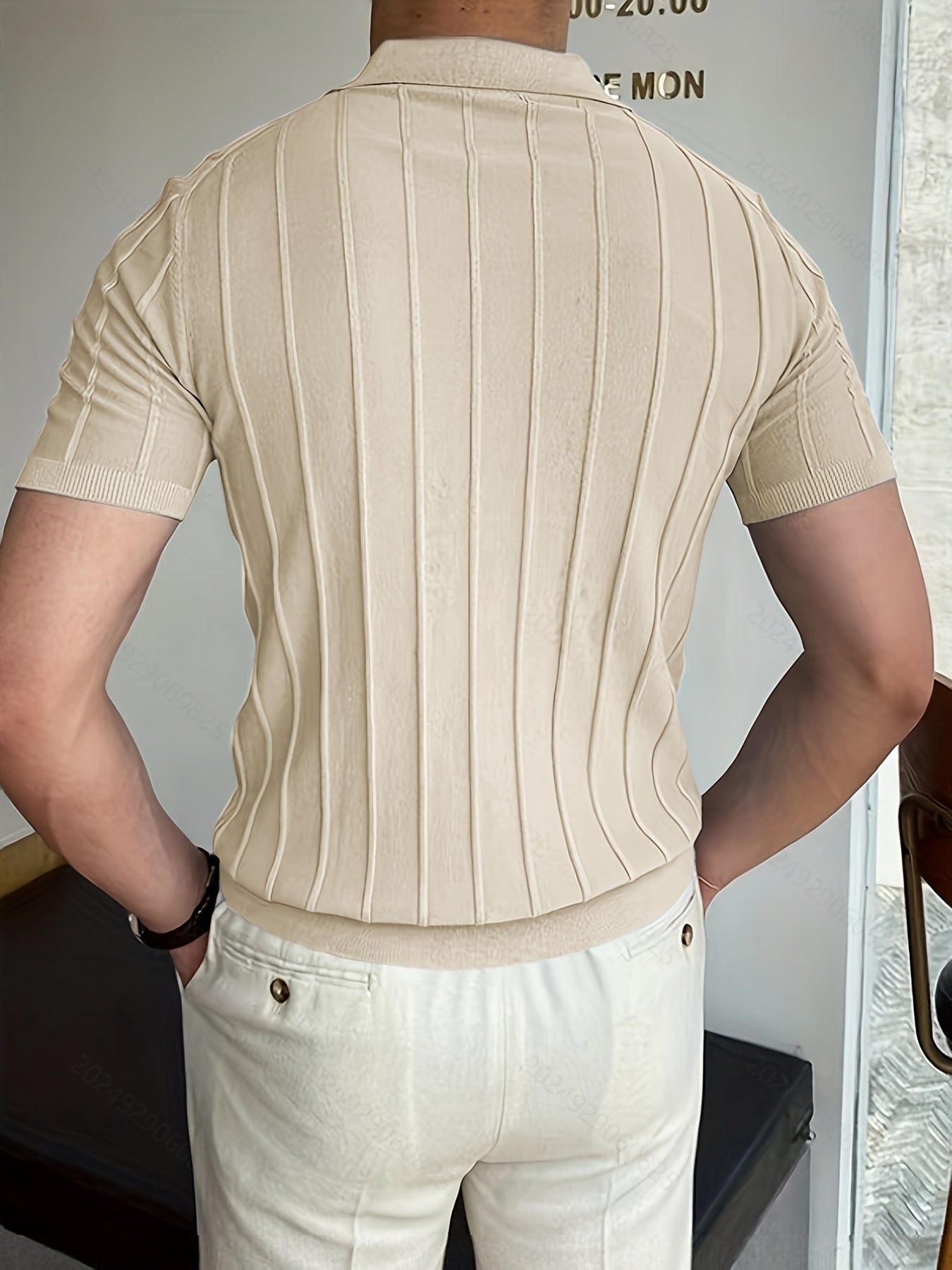 Vertical Striped Chic Shirt, Men's Casual Solid Color High Stretch .