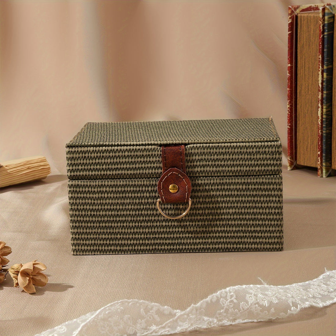 1pc PU Wooden Clamshell Storage Box, With Imitation Straw Texture, Jewelry Box, Rectangular Gift Box, Desktop Decoration, Hidden Storage, Special Gift Box, Home Decor Art & Craft Supplies, valentine's day wedding decor