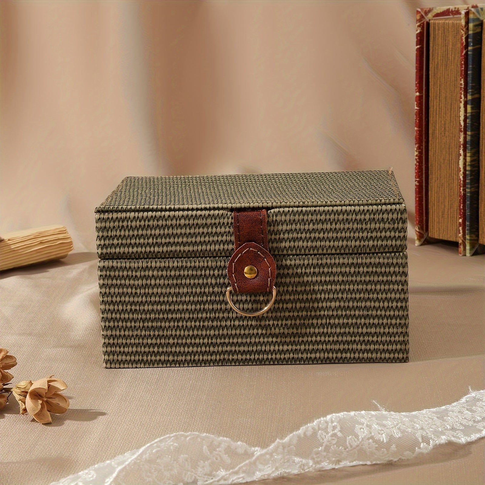 1pc PU Wooden Clamshell Storage Box, With Imitation Straw Texture, Jewelry Box, Rectangular Gift Box, Desktop Decoration, Hidden Storage, Special Gift Box, Home Decor Art & Craft Supplies, valentine's day wedding decor