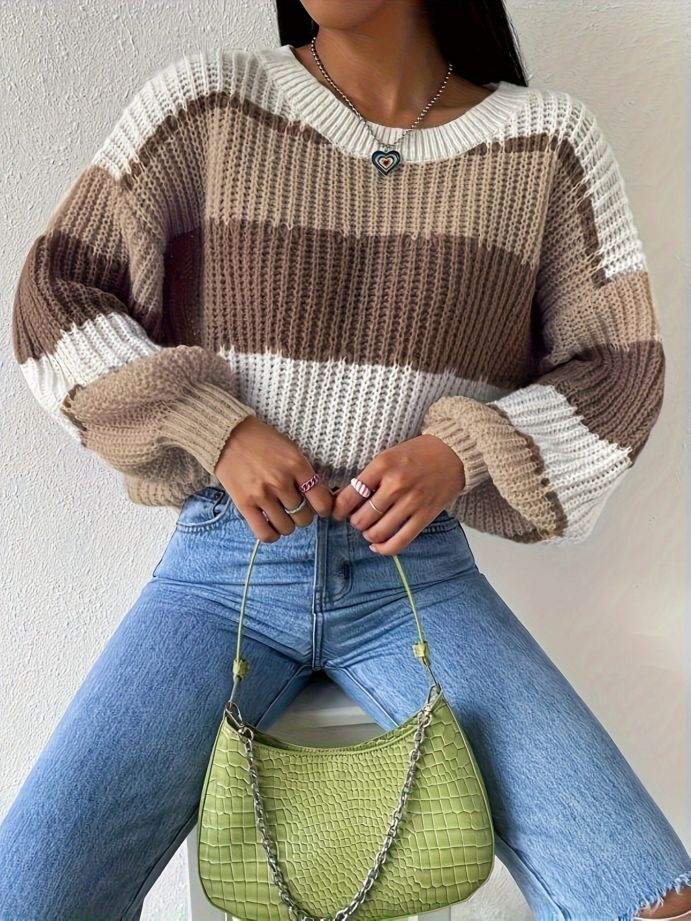 Crew Neck Pullover Sweater, Casual Lantern Sleeve Loose Sweater,
