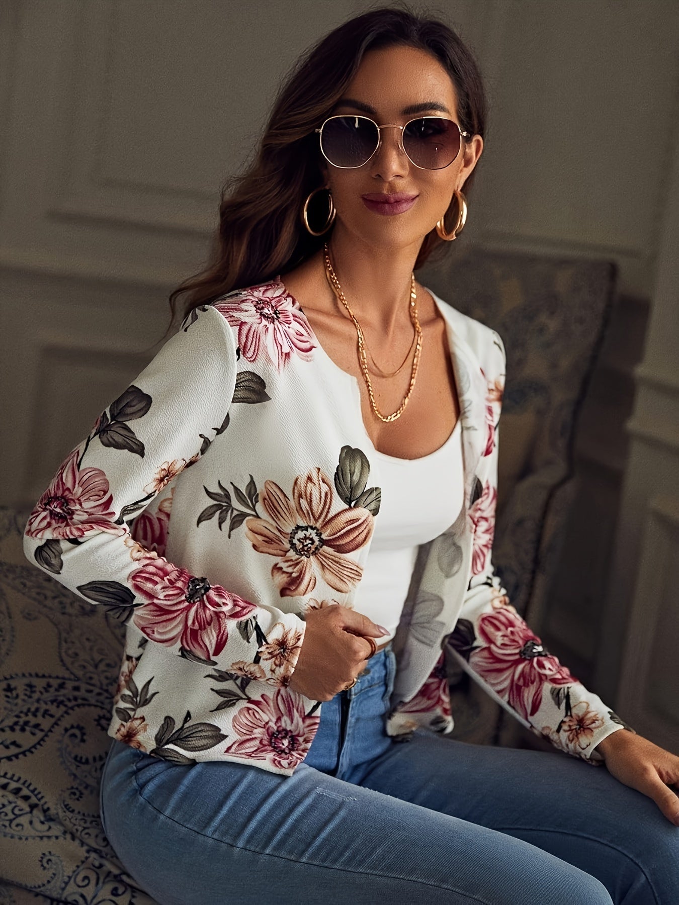 Floral Print Open Front Blazer, Elegant Lapel Long Sleeve Blazer.
