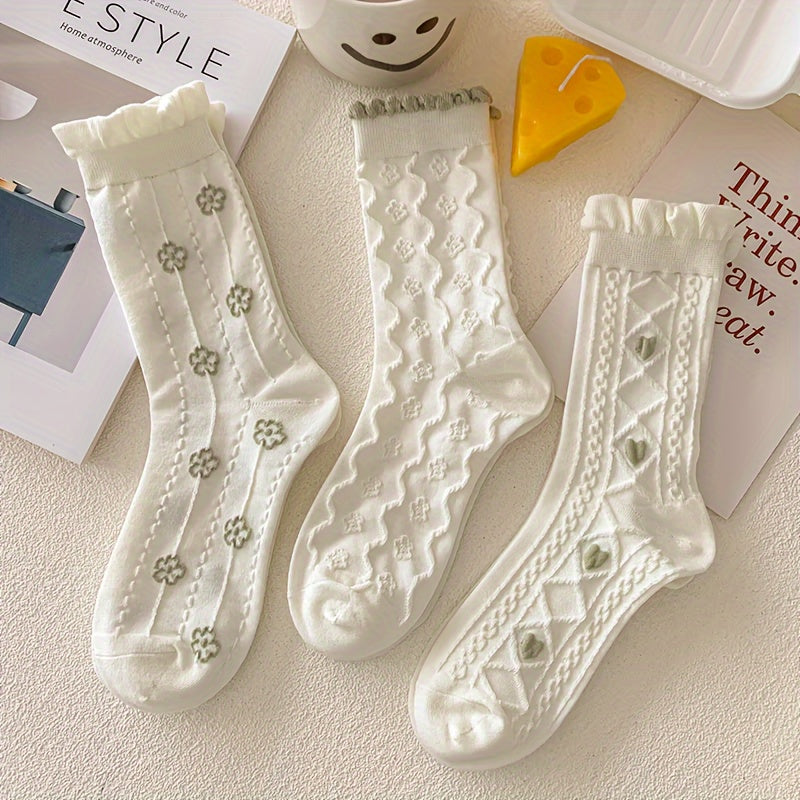 10 Pairs Floral & Heart Textured Ruffle Mid Tube Socks -e, Women's /MH