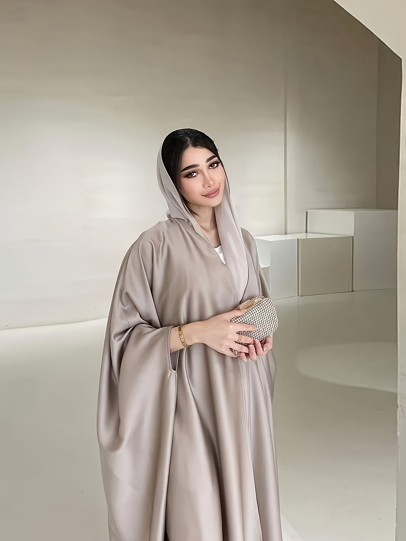 Open Front Hoodie Kaftan Dress, Elegant Long Batwing Sleeve Non-Stretch '/MH