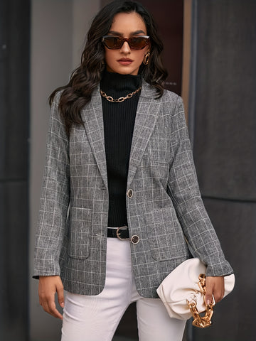 Plaid Print Single Breasted Lapel Blazer, Elegant Patched Pockets.