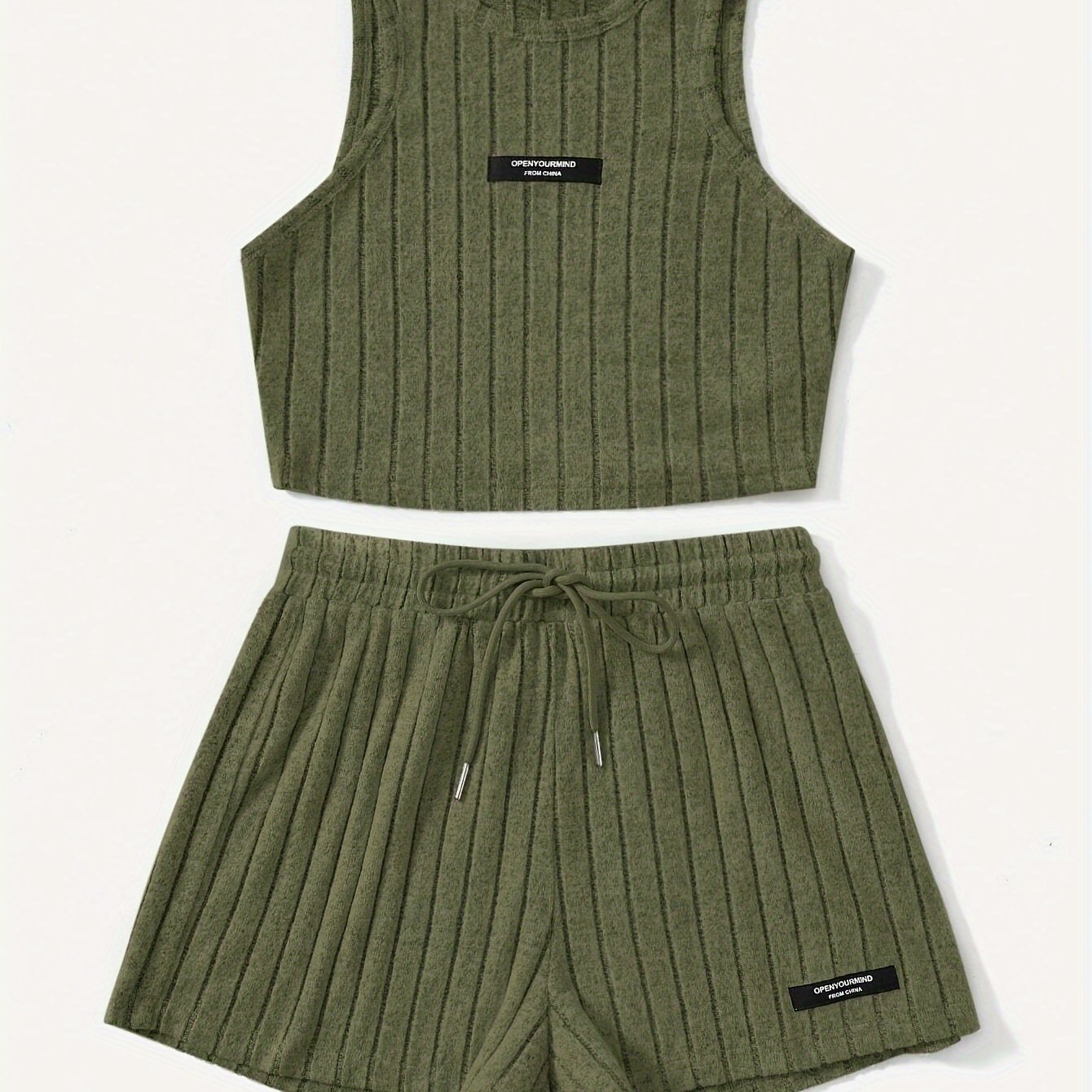 Ribbed Casual Two-piece Set, Crew Neck Sleeveless Tank Top & Drawstring Shorts Outfits, Women's Clothing