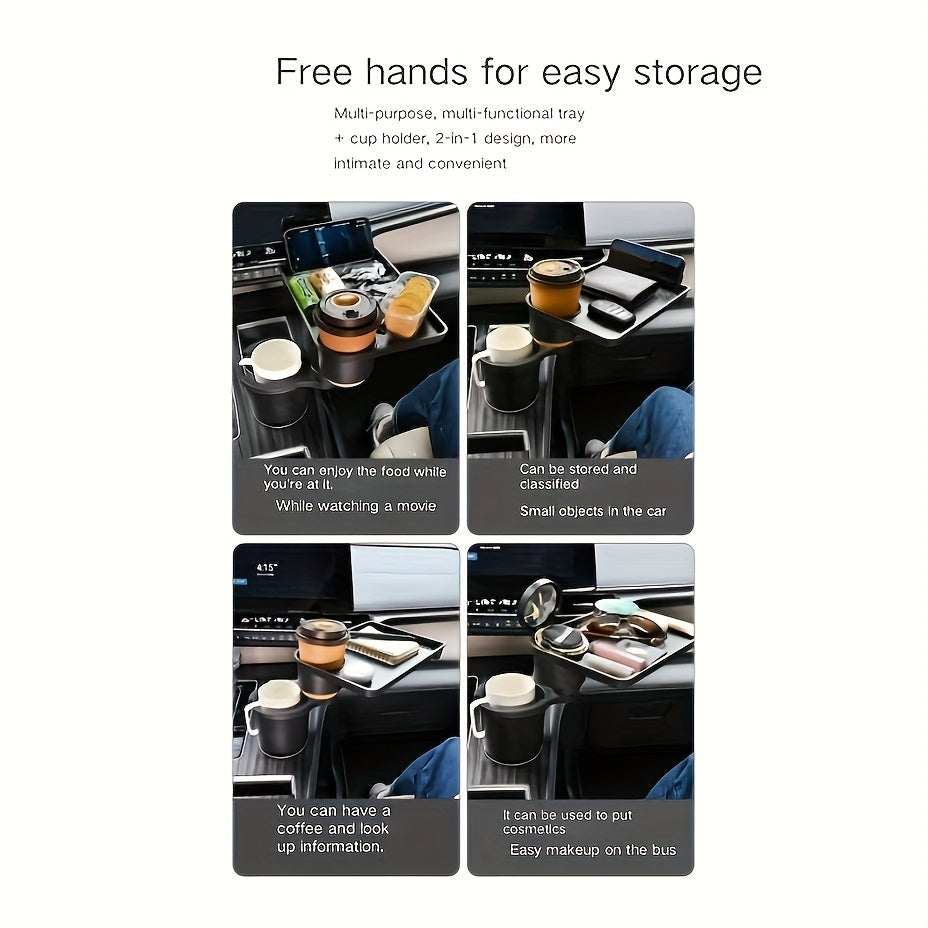 Multifunctional Car Cup Holder Tray with Dual Slots & Storage Compartments