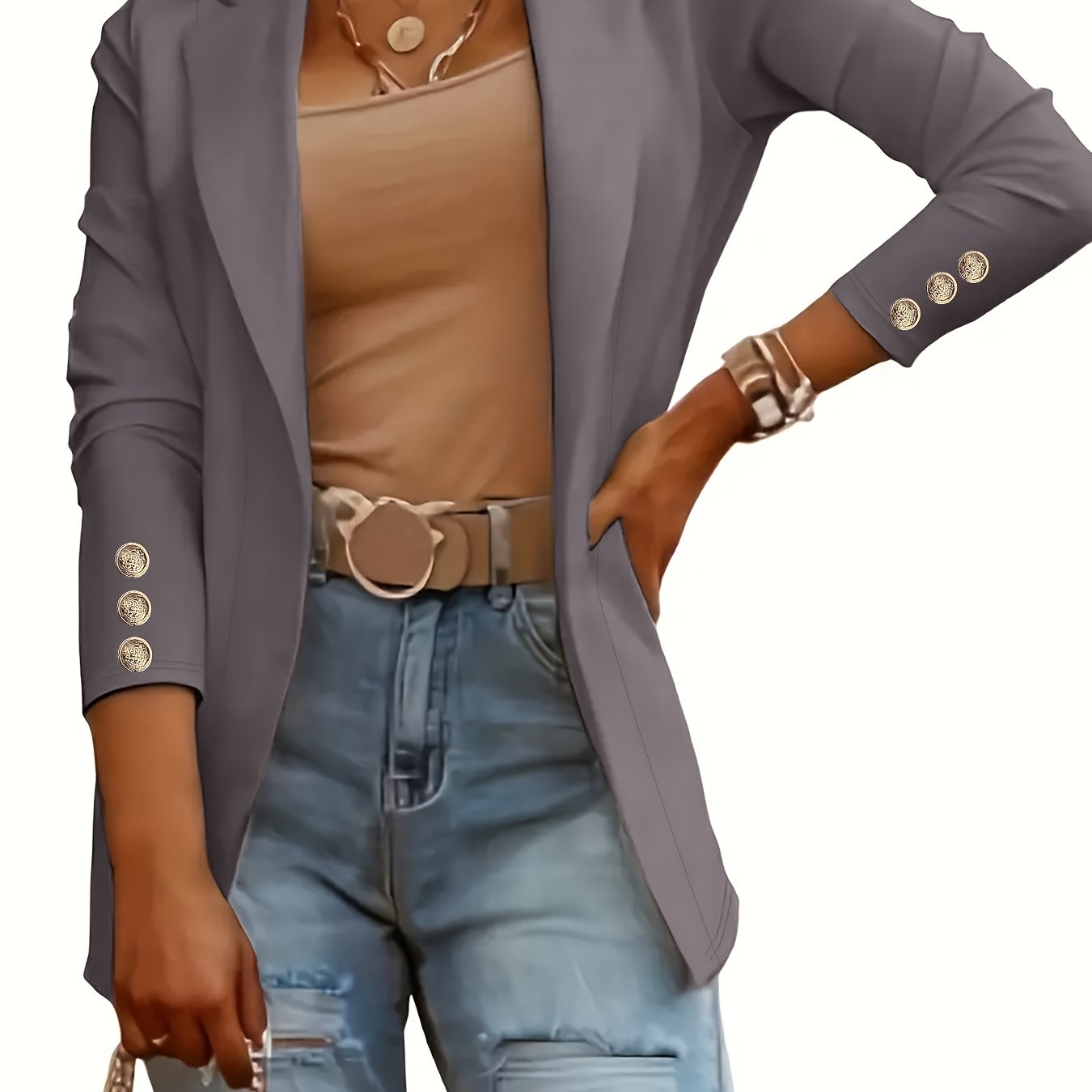 Solid Open Front Lapel Blazer, Elegant Button Decor Long Sleeve Blazer.