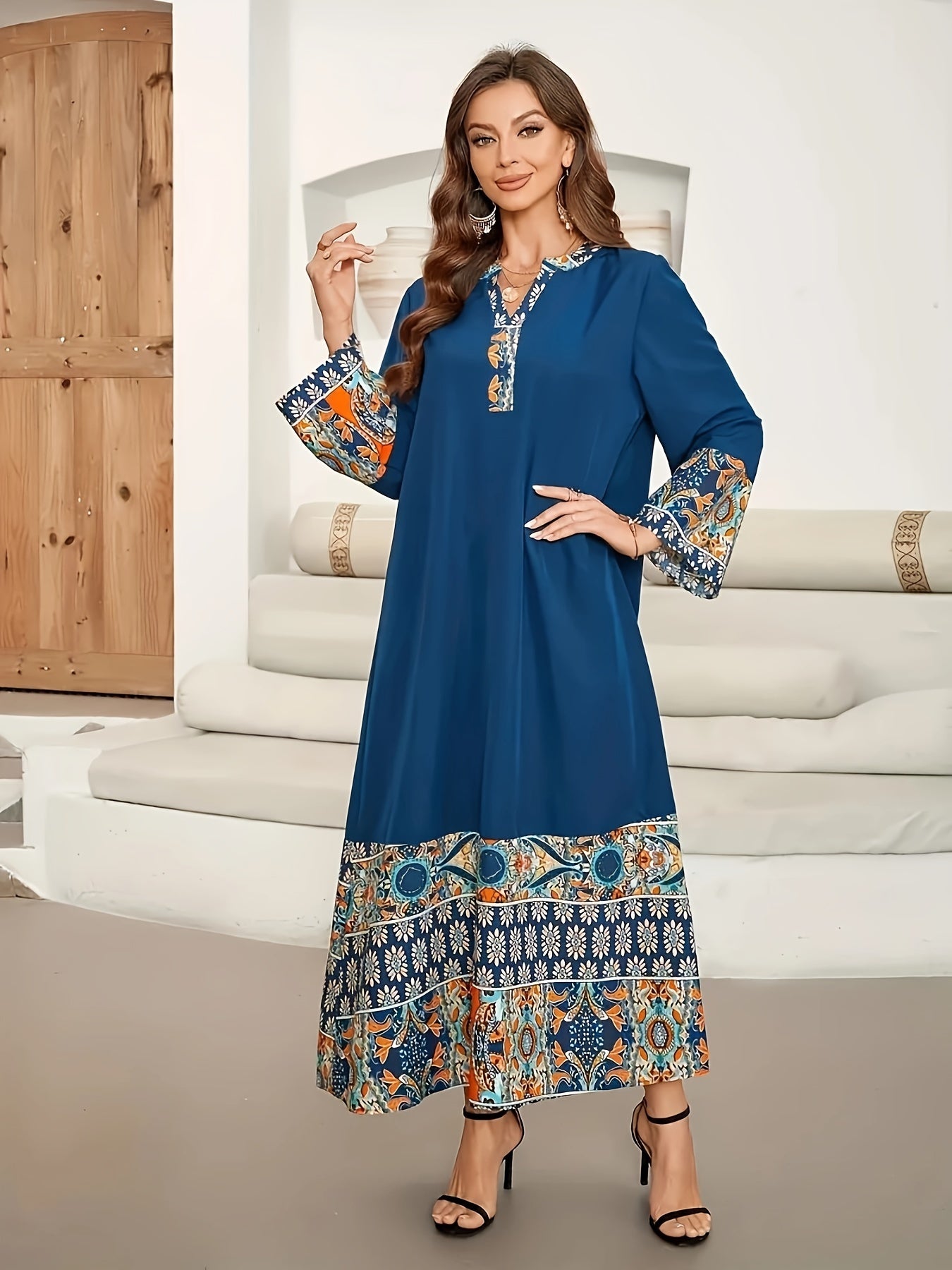 Paisley Print V-neck Kaftan Dress, Elegant Long Sleeve '/MH