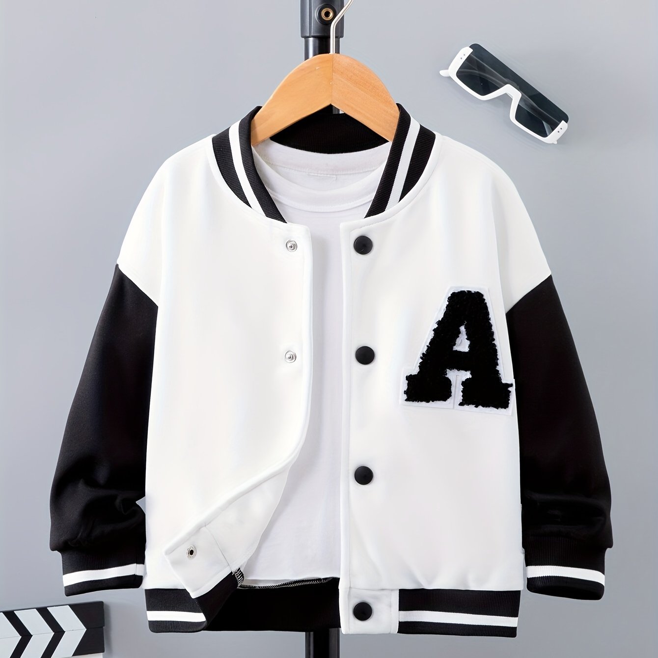 Letter Patched Kid's Baseball Jacket, Button Front Long Sleeve Top,
