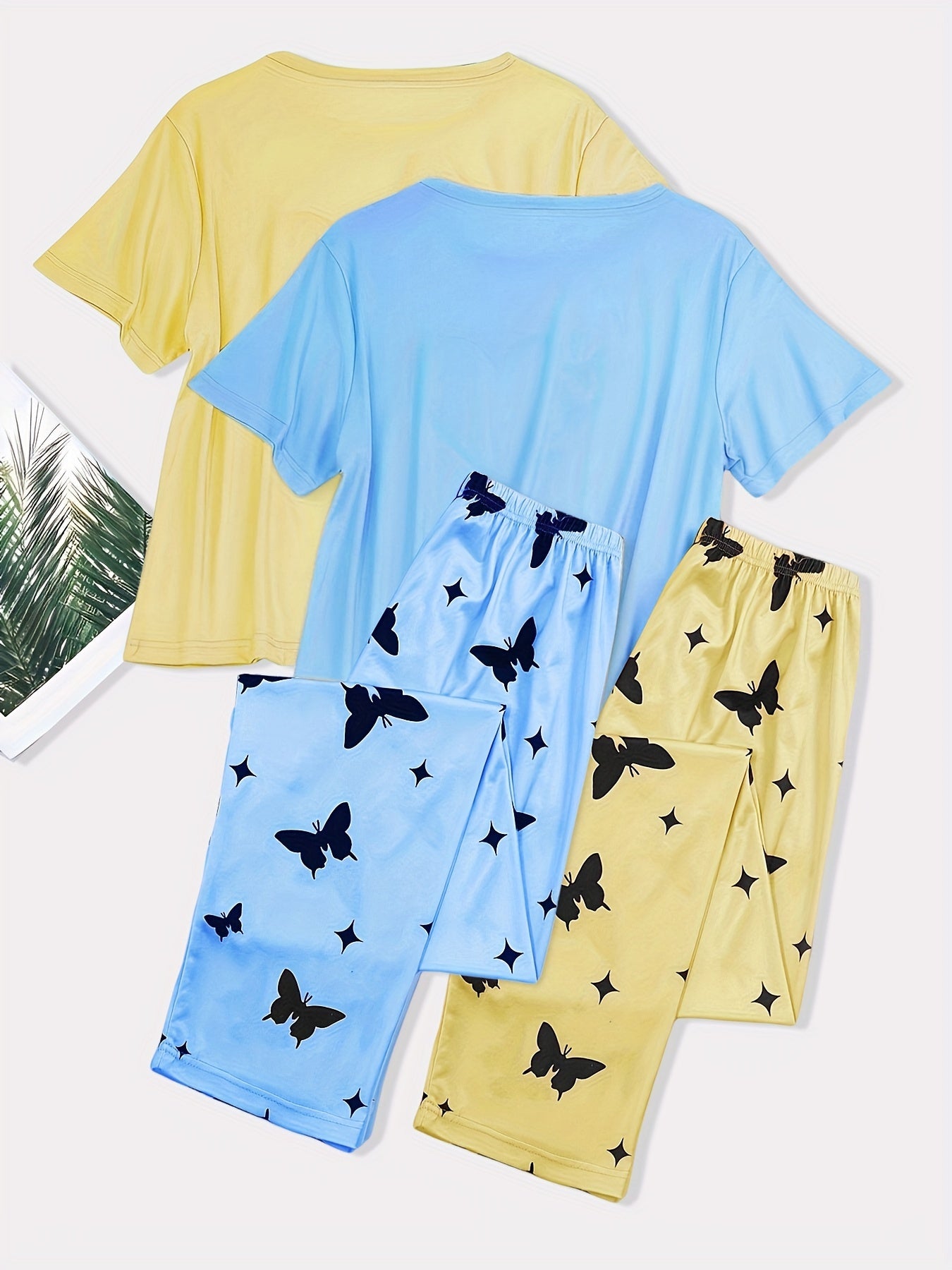 2 Sets Heart Print Pajamas Set, Short Sleeve Crew Neck Top & Butterfly Print Pants, Women's Sleepwear & Loungewear