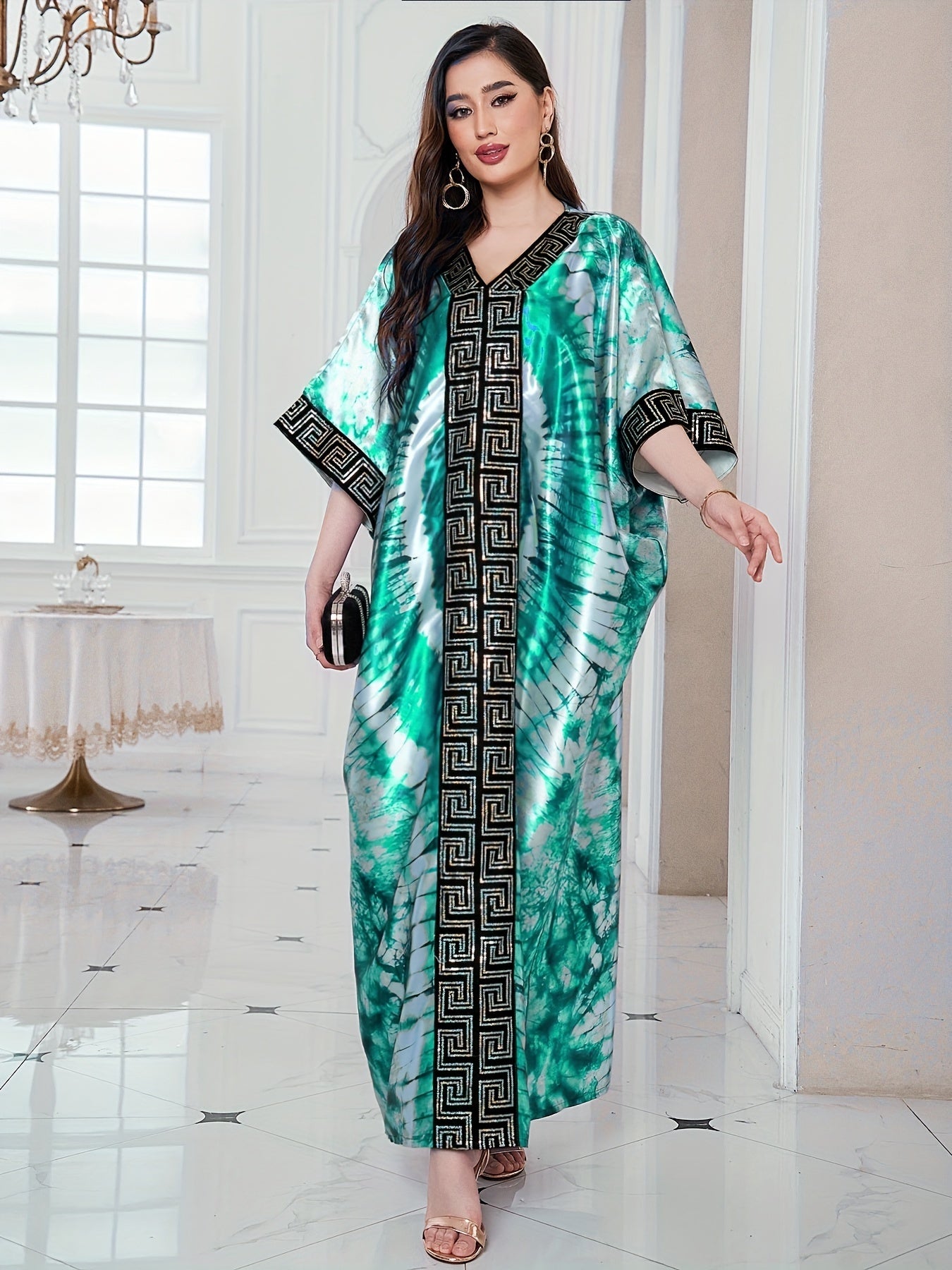Abstract Print Greek Pattern Kaftan Dress, Elegant Half Sleeve'/MH