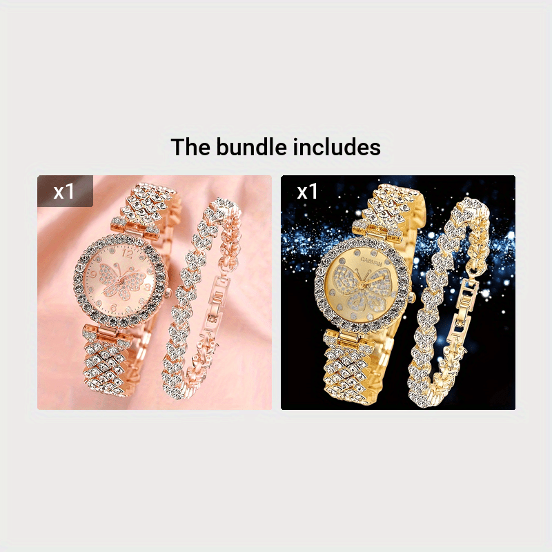 2pcs/set Elegant Butterfly Quartz Watch Luxury Fashion Stainless Steel Band Wrist Watch & Bracelet, Gifts For Women Her