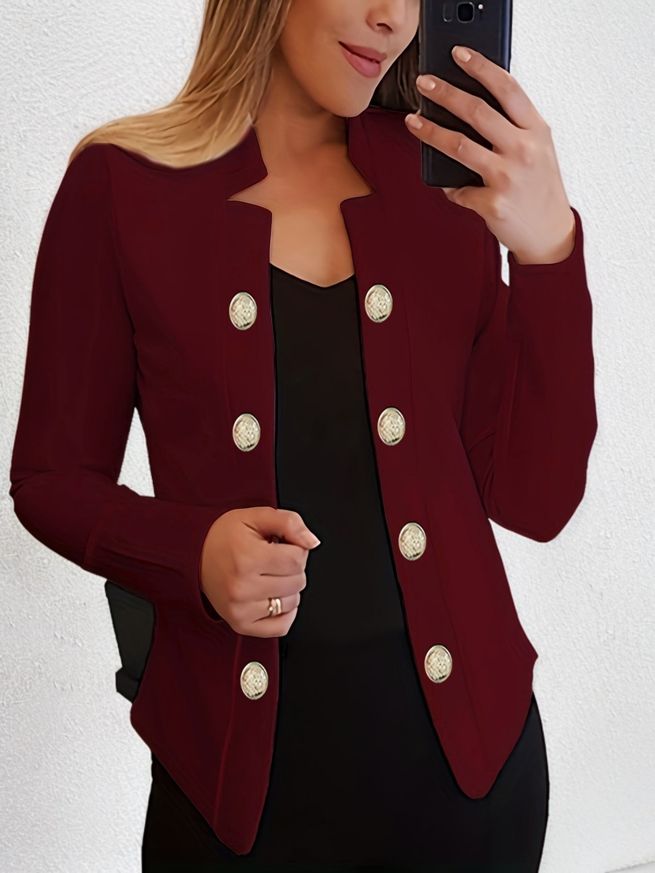 Button Decor Open Front Blazer, Casual Long Sleeve.