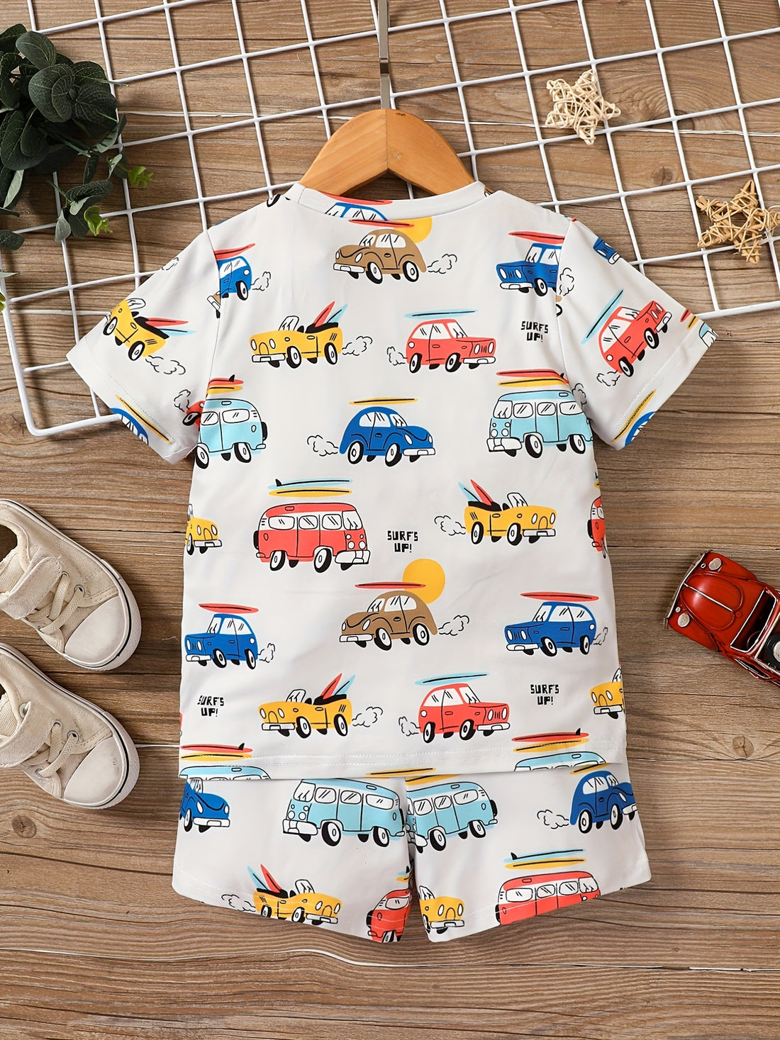 Car Full Body Print T-shirt & Elastic Waistband Shorts Set,