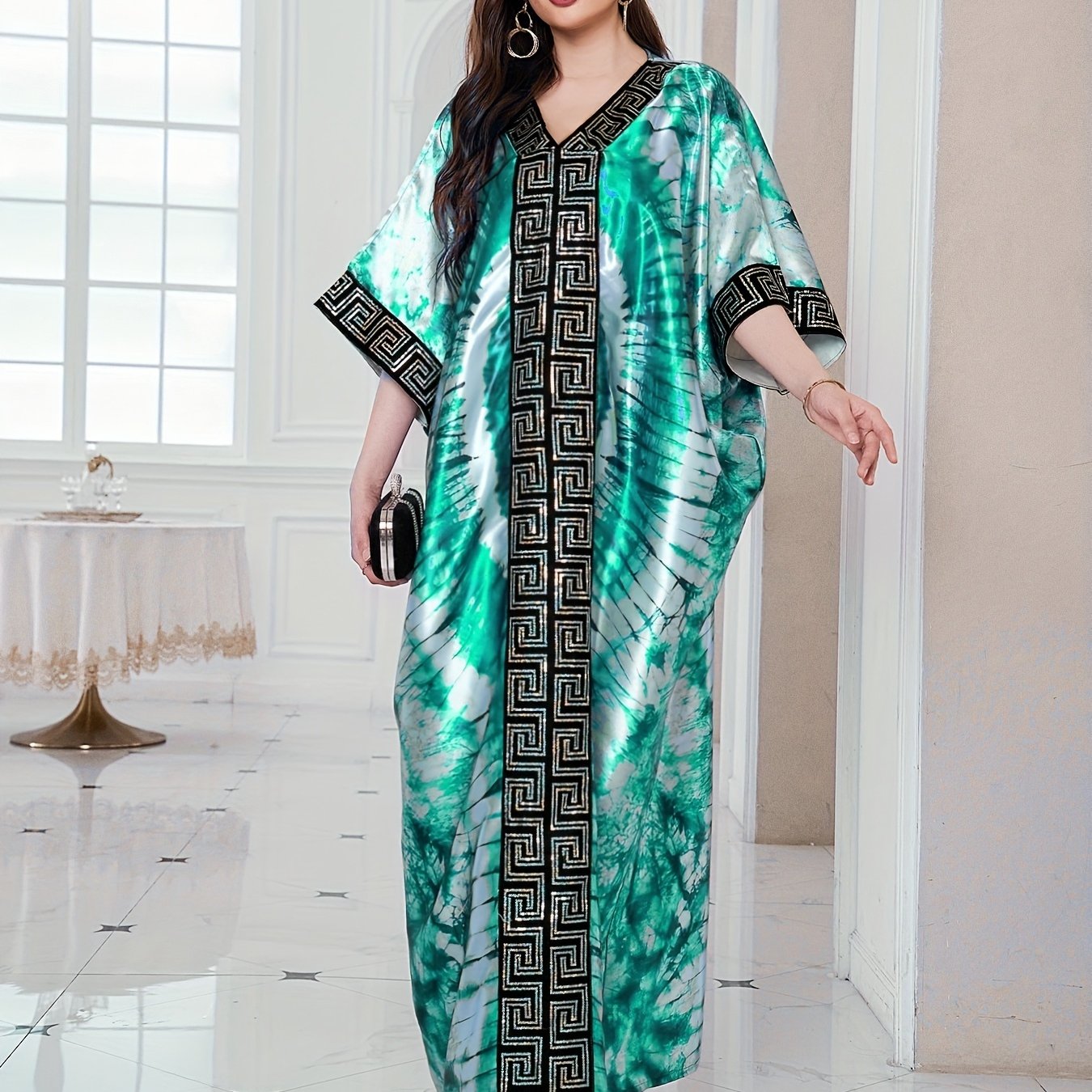 Abstract Print Greek Pattern Kaftan Dress, Elegant Half Sleeve'/MH