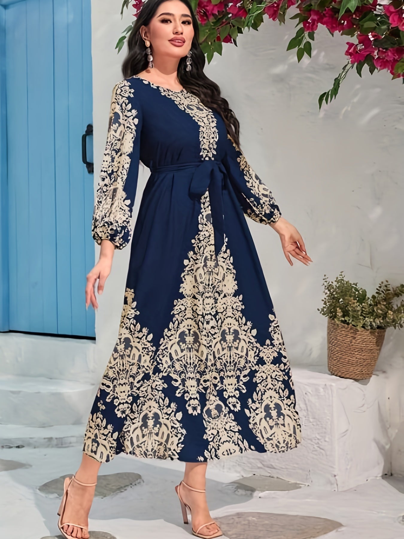 Graphic Print Tie Waist Kaftan Dress, /MH