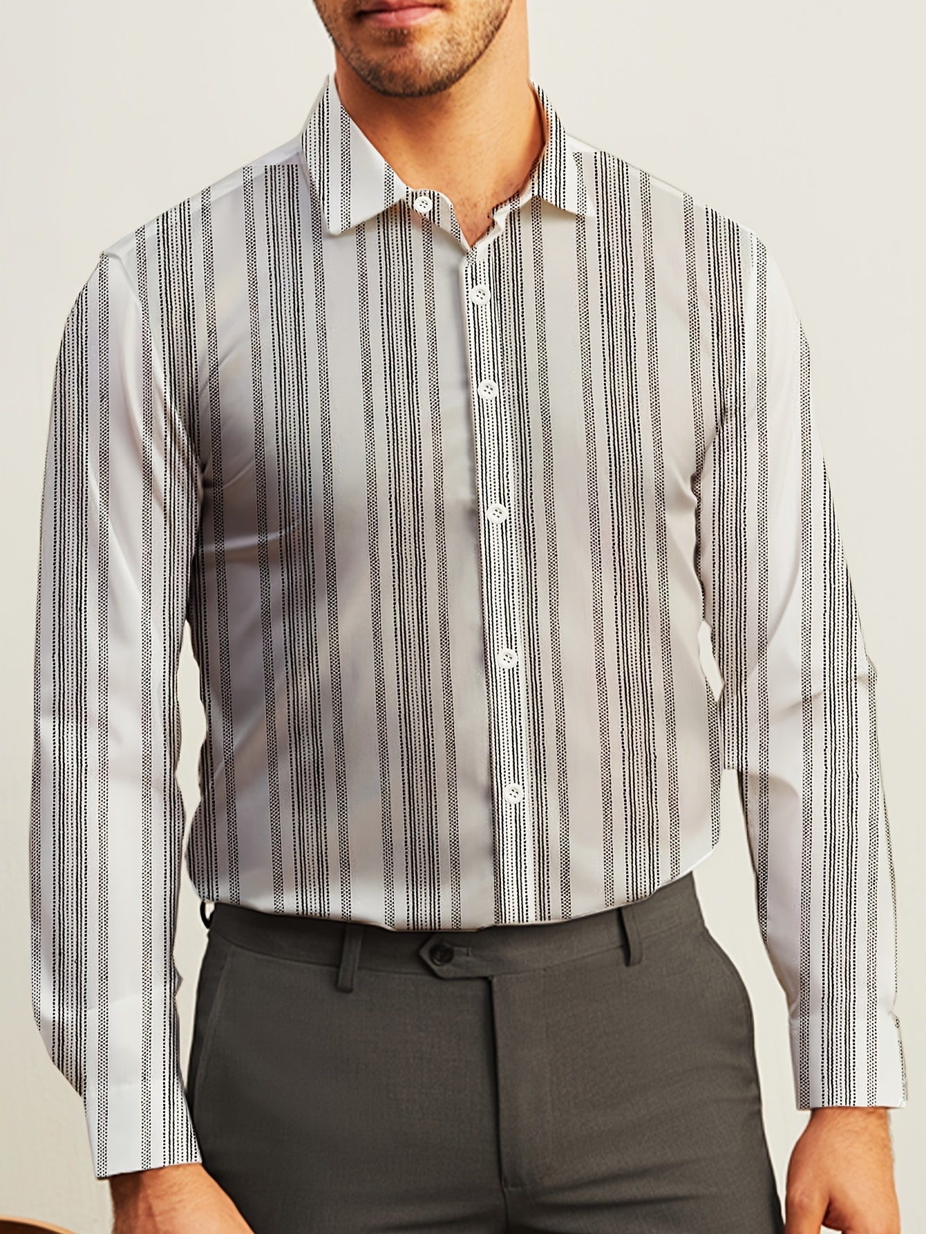 Men's Striped Lapel Collar Dress Shirts, Long Sleeve .