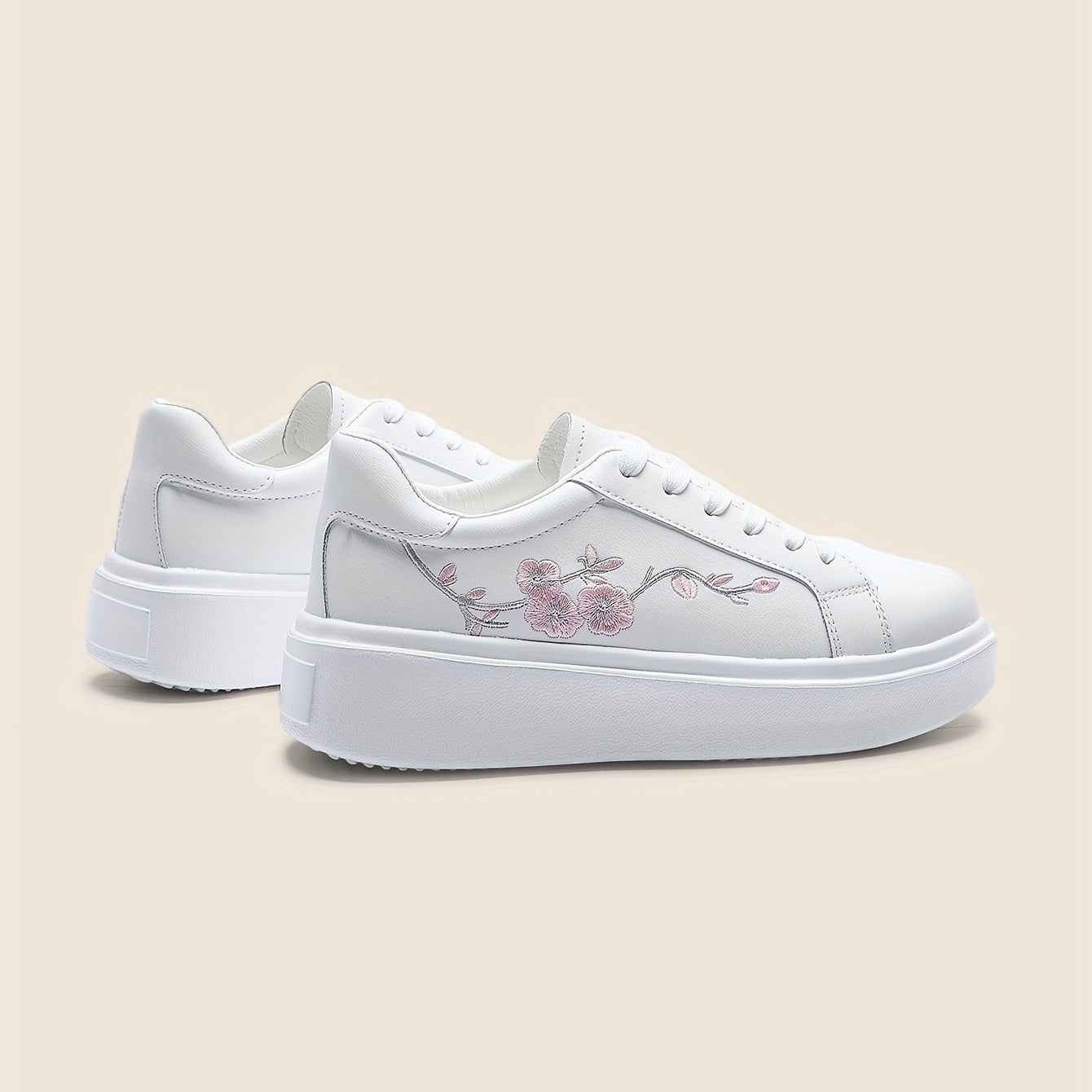 Women's White Low-Top Lace-Up Sneakers with Floral Embroidery,