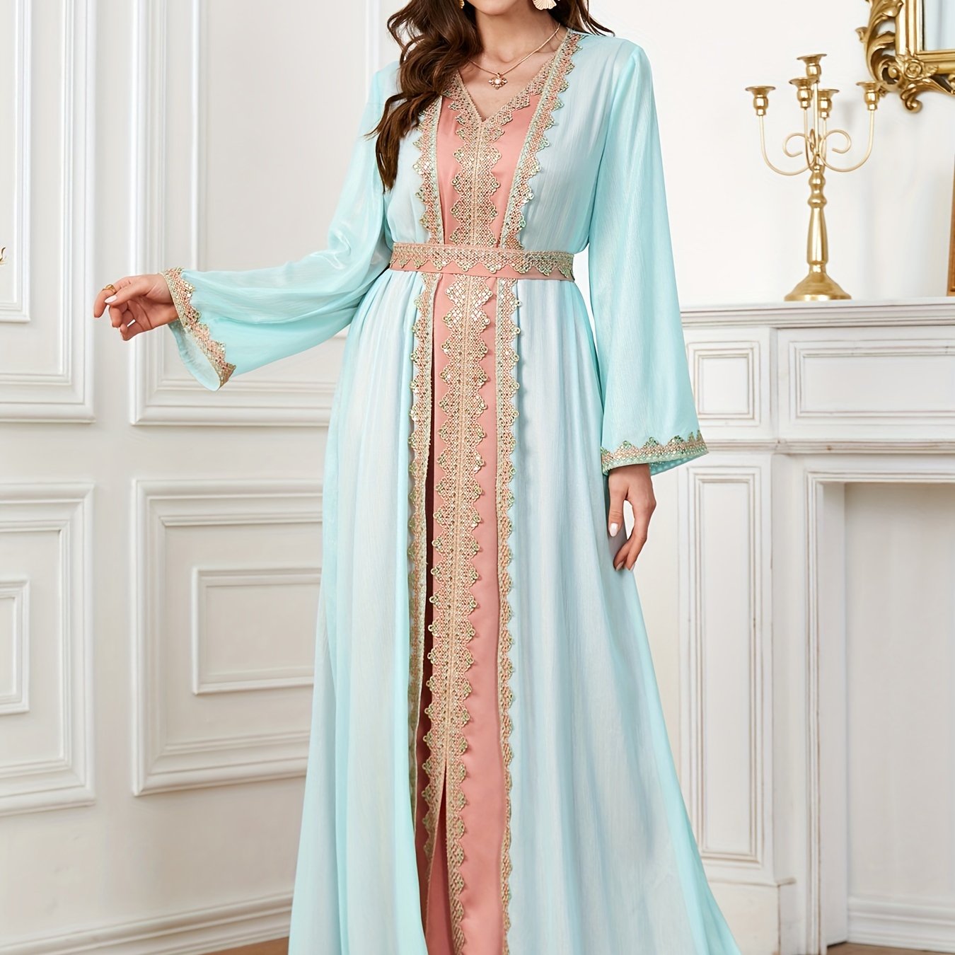 Contrast Lace Long Sleeve Kaftan Dress, Elegant V Neck '/MH