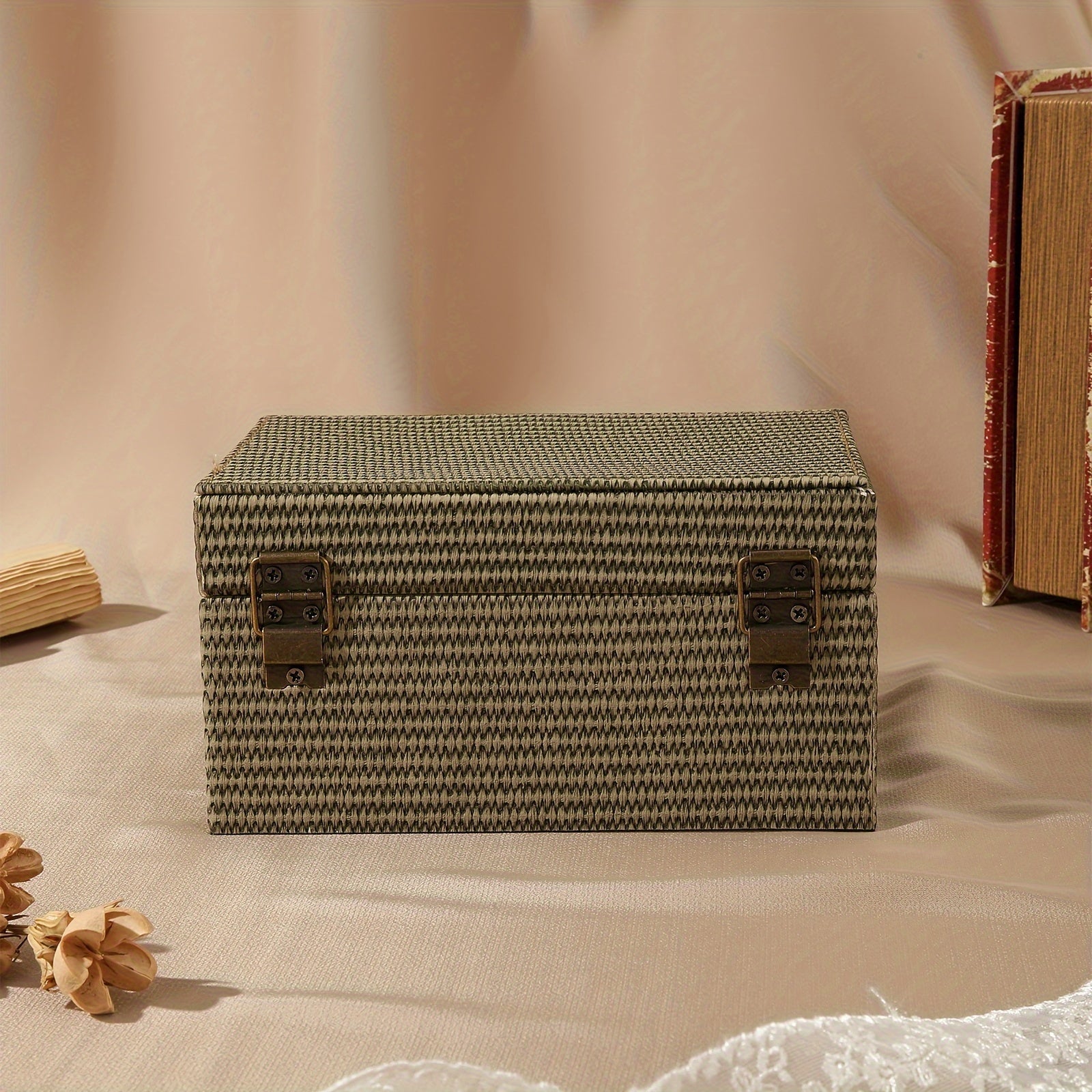 1pc PU Wooden Clamshell Storage Box, With Imitation Straw Texture, Jewelry Box, Rectangular Gift Box, Desktop Decoration, Hidden Storage, Special Gift Box, Home Decor Art & Craft Supplies, valentine's day wedding decor