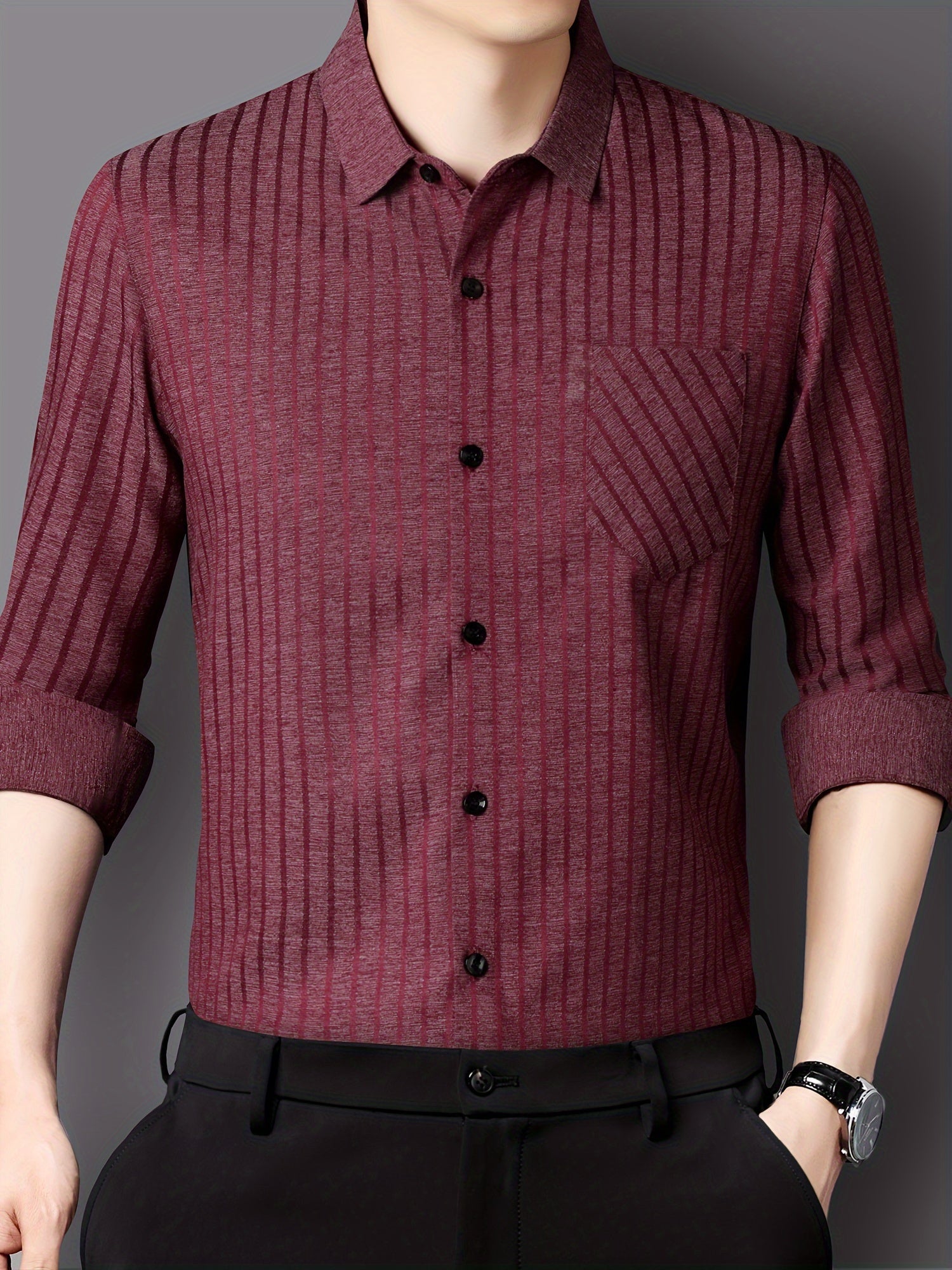 Men's Striped Lapel Collar Design Dress Shirts, Long Sleeve.