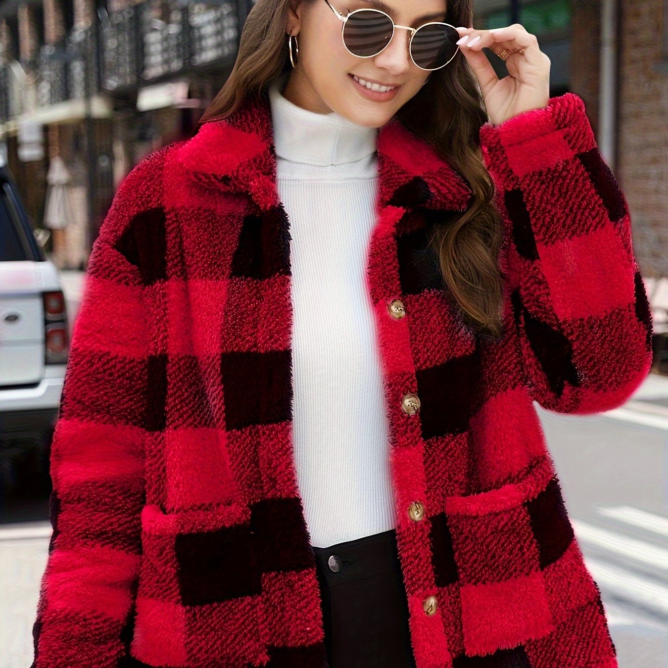 Long Sleeve Plaid Print Teddy Coat with Patched Pockets - Soft, Warm,