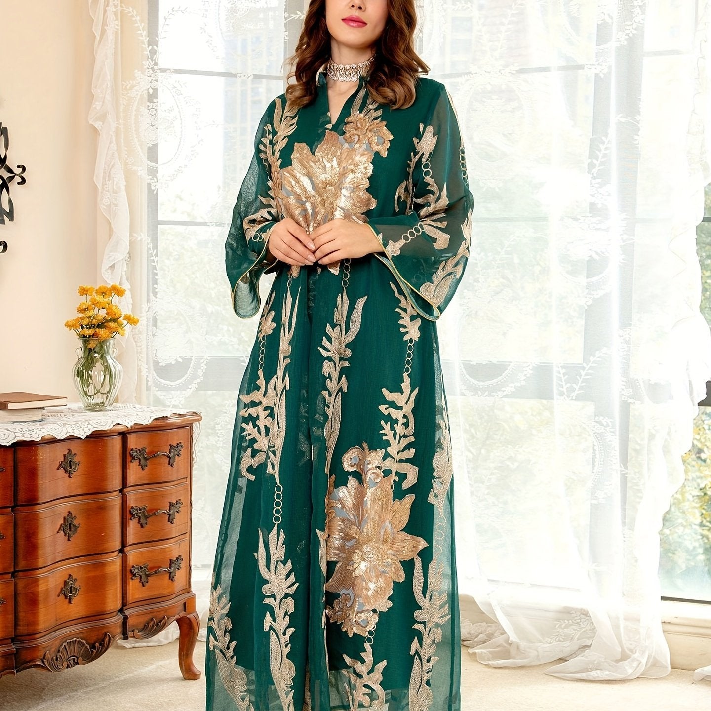 Ramadan Floral Pattern Notched Neck Kaftan Abayas, /MH