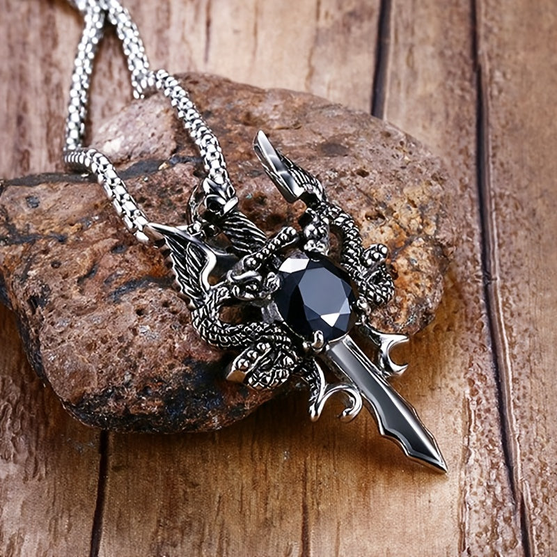 Gothic Knight Double Dragon Cross Sword Pendant Necklace .