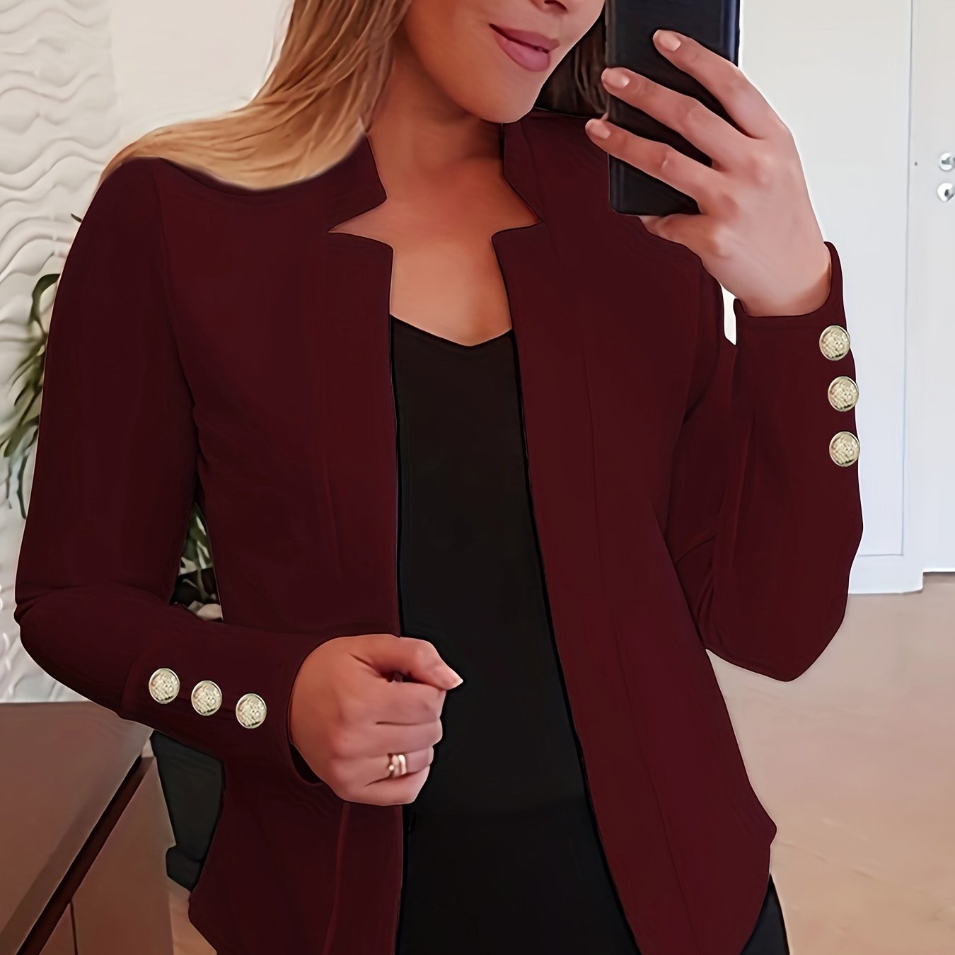 Solid Open Front Button Decor Blazer, Elegant Long Sleeve Blazer.