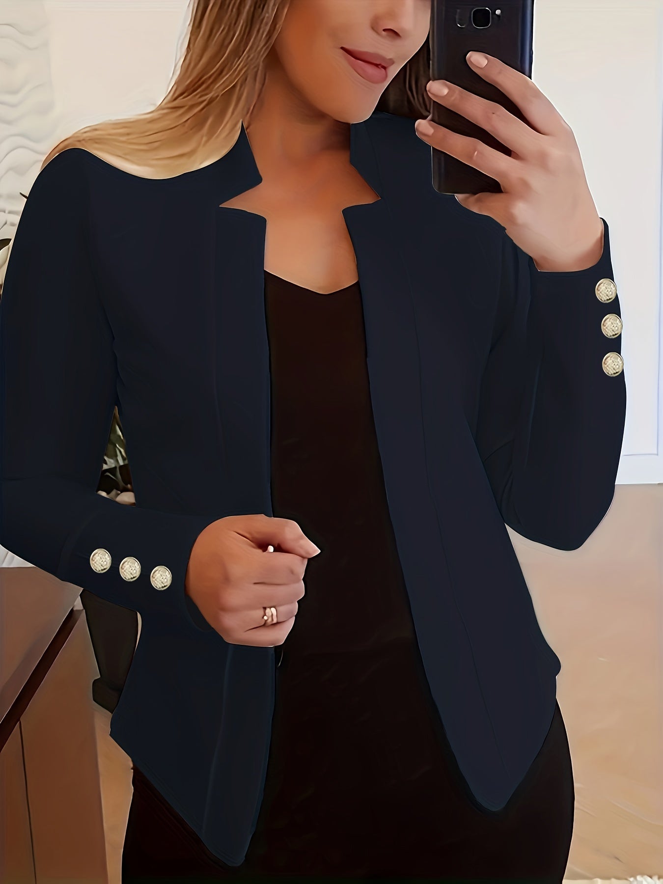 Solid Open Front Button Decor Blazer, Elegant Long Sleeve Blazer.