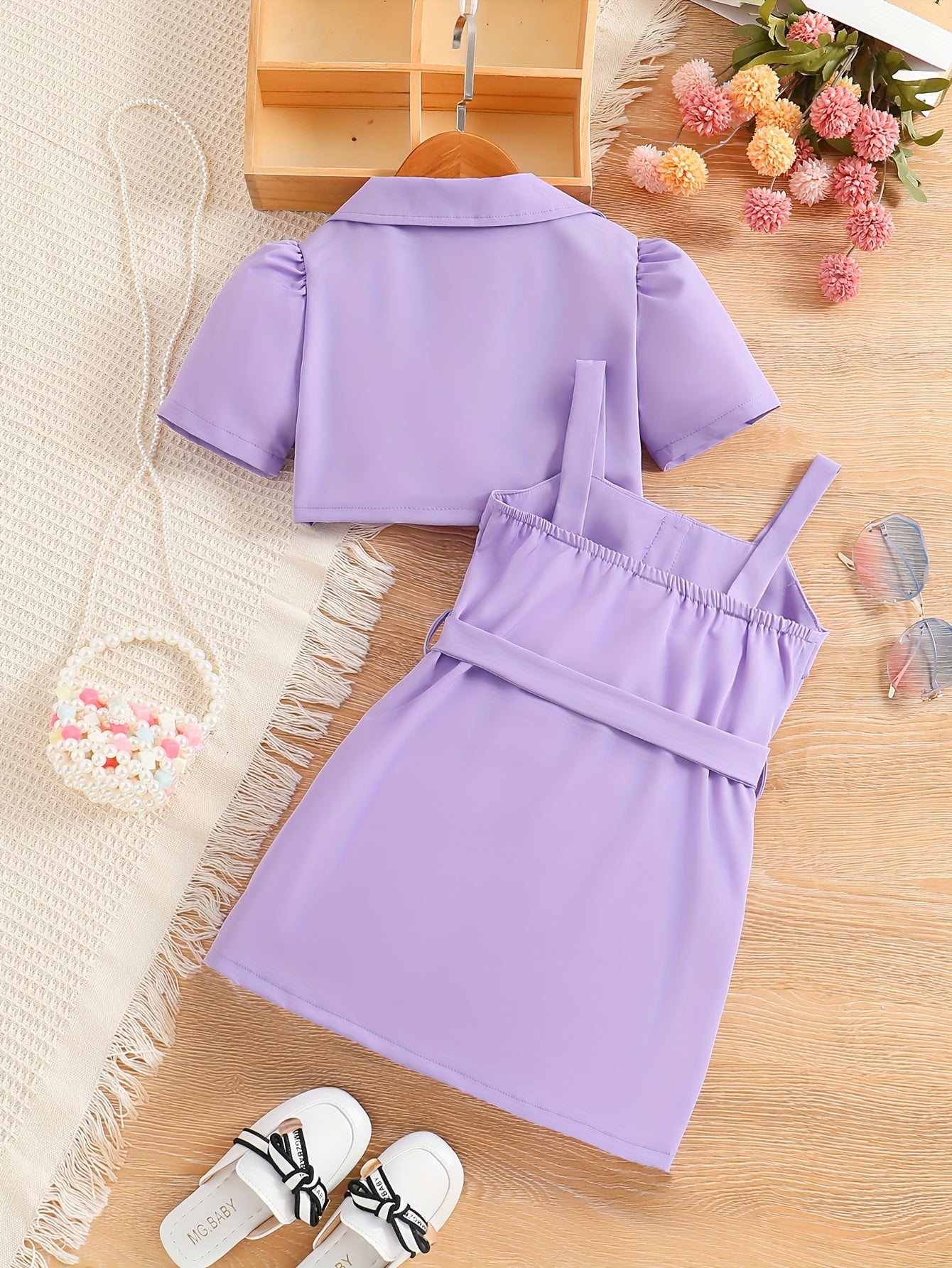 2pcs Girls Fashion Solid Non Stretch Puff Sleeve Double Button Blazer.