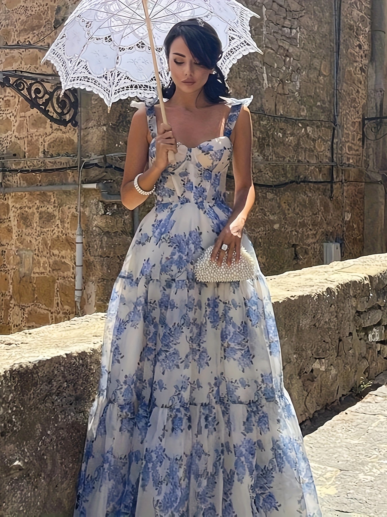 Elegant French Floral Off-Shoulder Long Dress - /MH