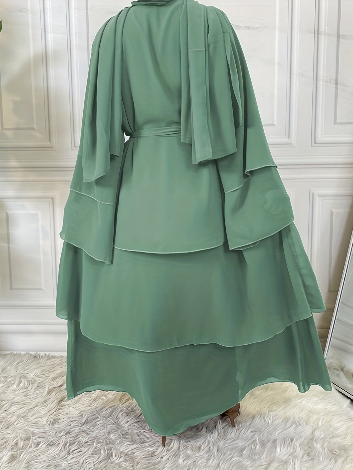 Layered Open Front Modest Dress, Long Sleeve Muslim Dress'/MH