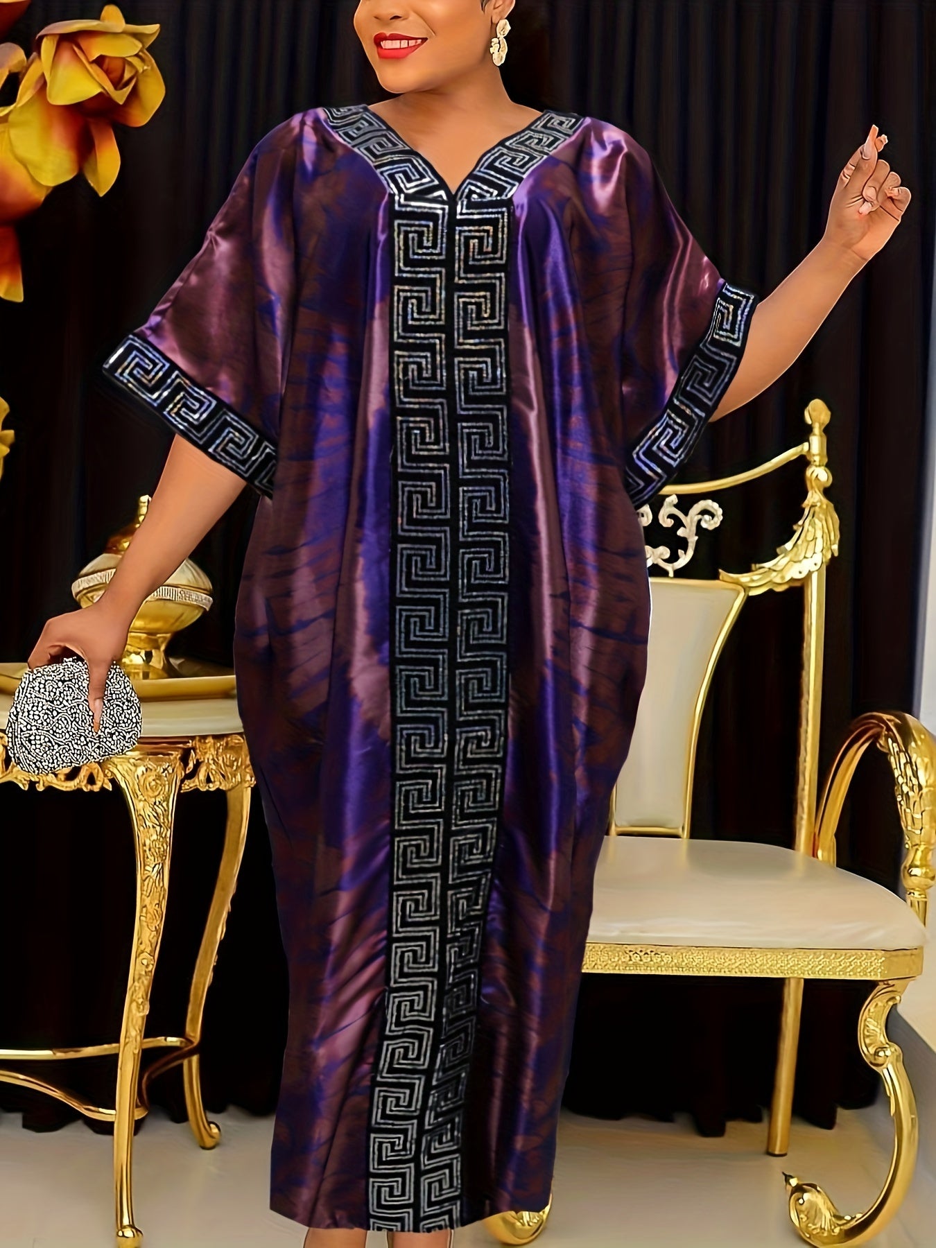 Abstract Print Greek Pattern Kaftan Dress, Elegant Half Sleeve'/MH