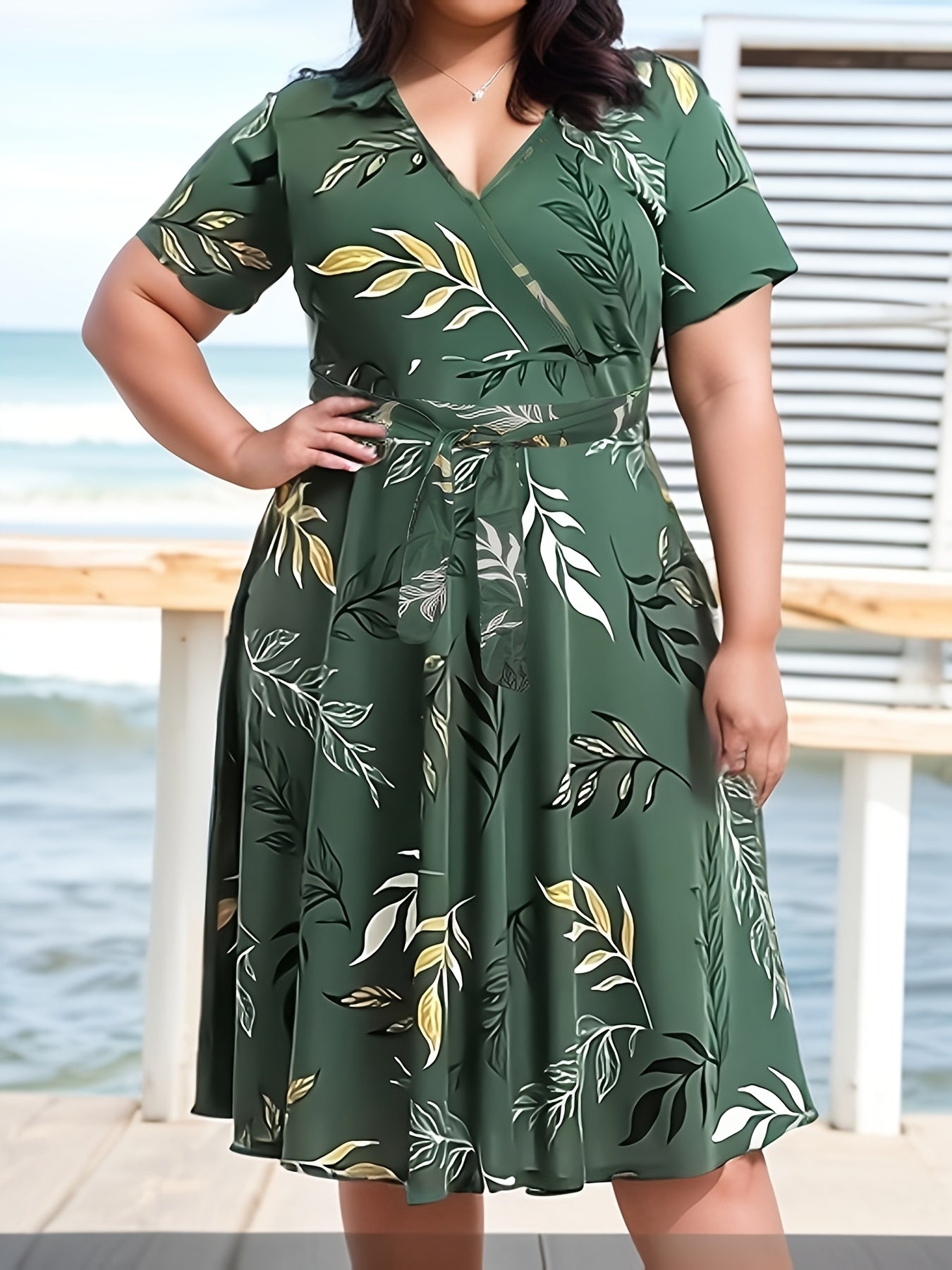[Plus Size Elegant Dress] Plus Size Elegant Green Leaf Print Midi Dress.MH