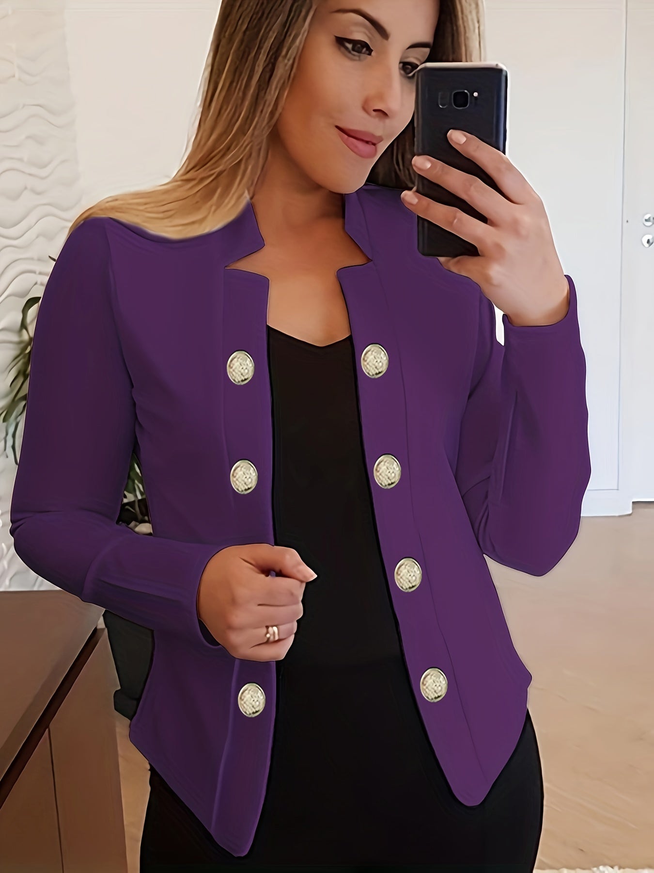 Button Decor Open Front Blazer, Casual Long Sleeve.