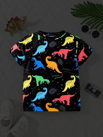 Cartoon Dinosaur Print Boys Glow In The Dark T-shirt,