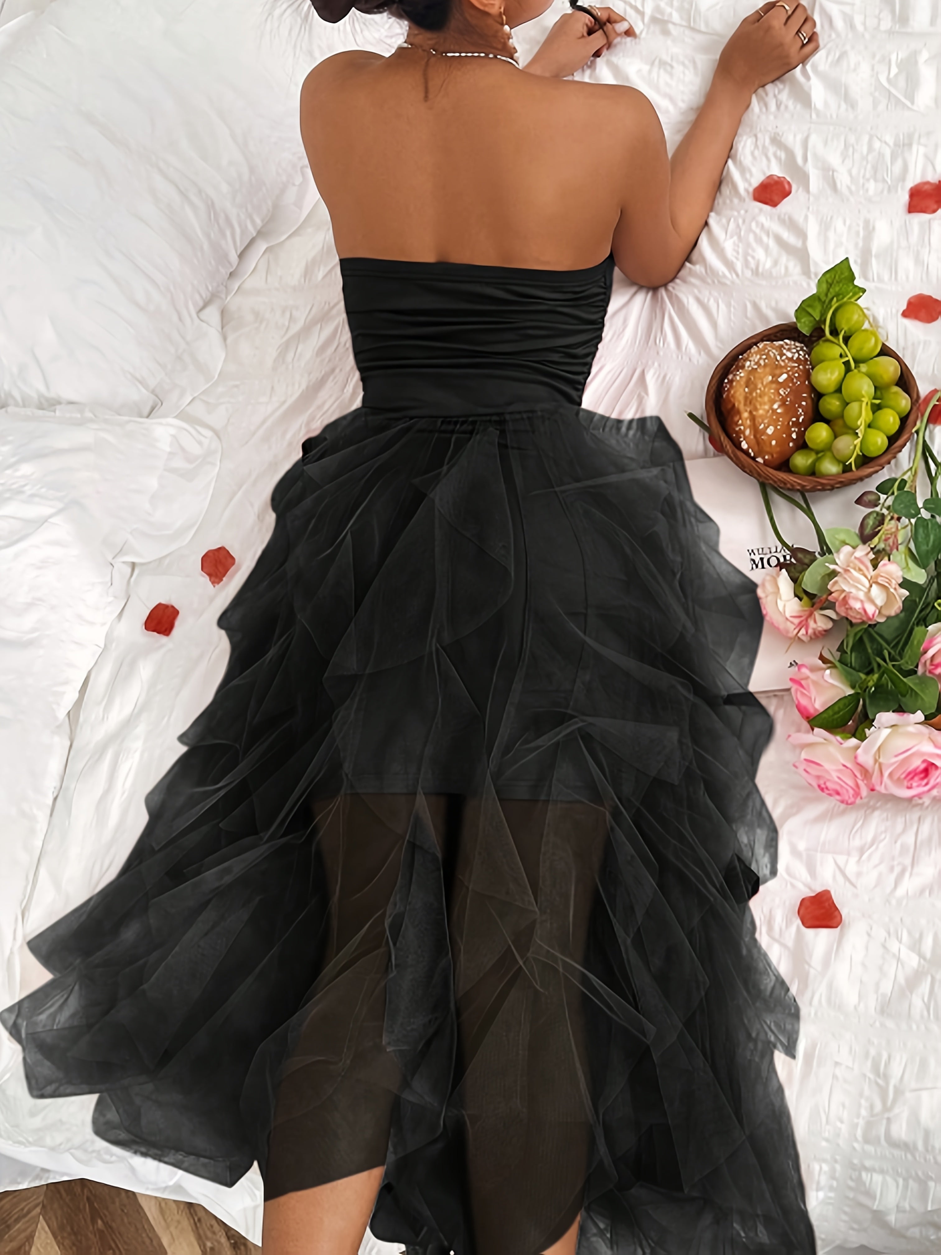 Women's Strapless Black Tulle & Lace Mermaid Dress -/MH