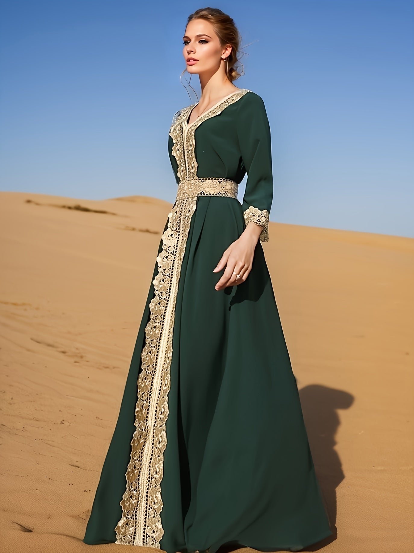 Ramadan Lace Trim V Neck Kaftan, Elegant Long Sleeve 'MH