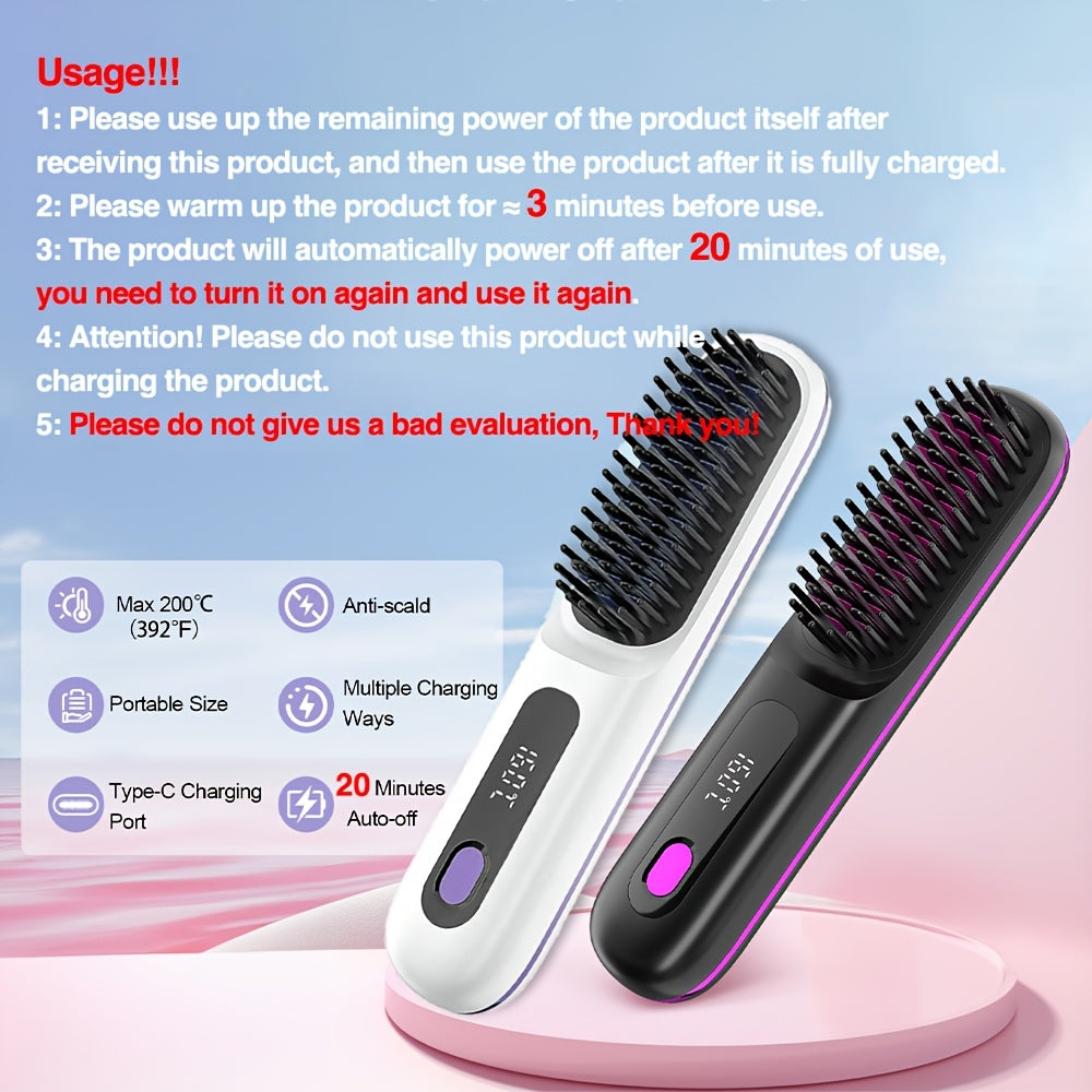 Wireless Hair Straightener Brush - / Fast Heating, Constant Temperature Anti-Scald, LED Display, Lightweight Portable Design for Home & Travel, Ideal Gift for Women, Hair Straightener, Sleek Gadget, Userfriendly Interface