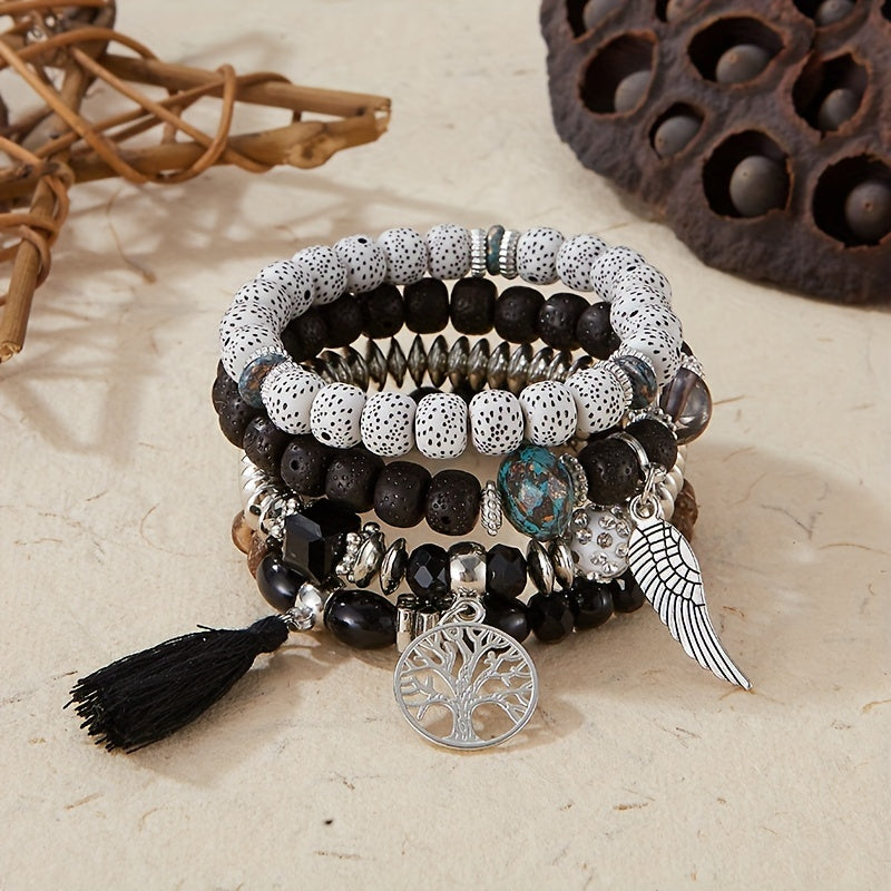 4pcs/set Bohemian Hand String, Tree Of Life Feather Wings Pendant Bracelet, Tassel Couple Handmade Unisex Bracelet, Father's Day Gift