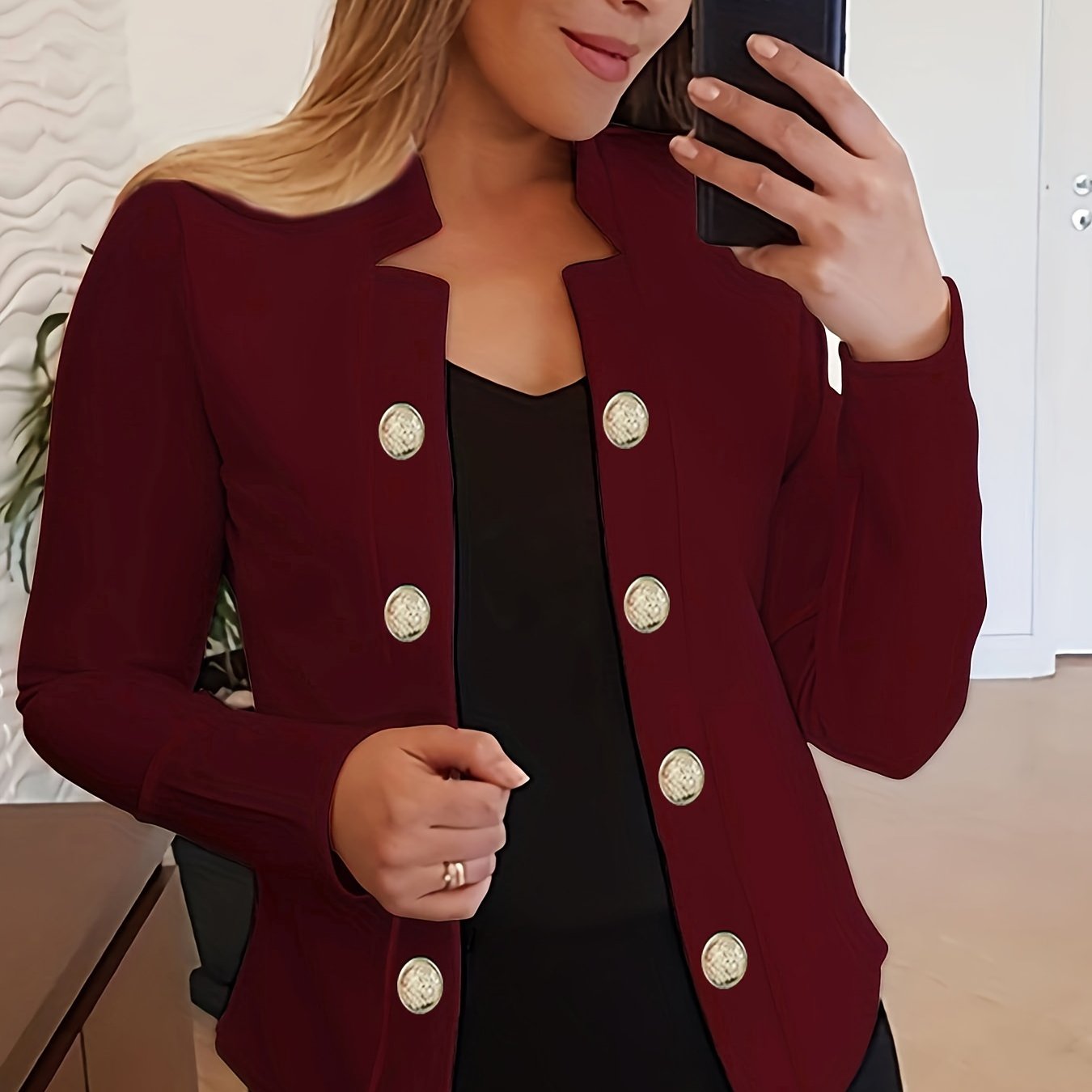 Button Decor Open Front Blazer, Casual Long Sleeve.