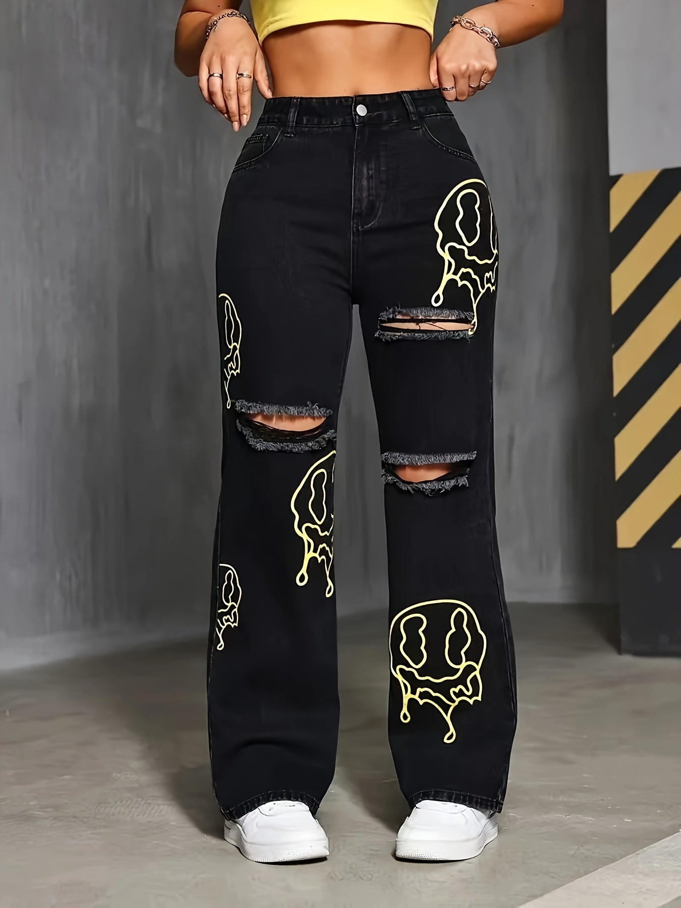 Women's High-Waist Distressed Straight-Leg Jeans ./MH