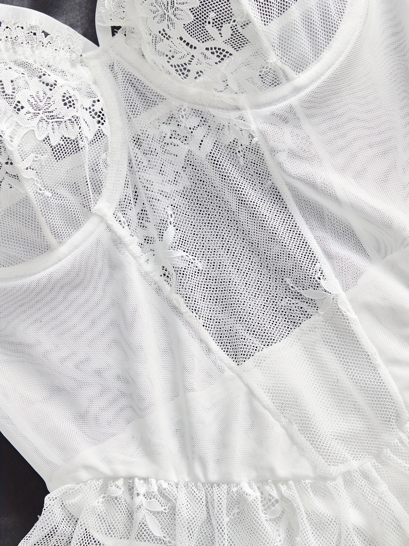 Solid Floral Lace Lingerie Set, Sexy Semi Sheer Ruffle Lace Bodysuit & Sleeves'/MH