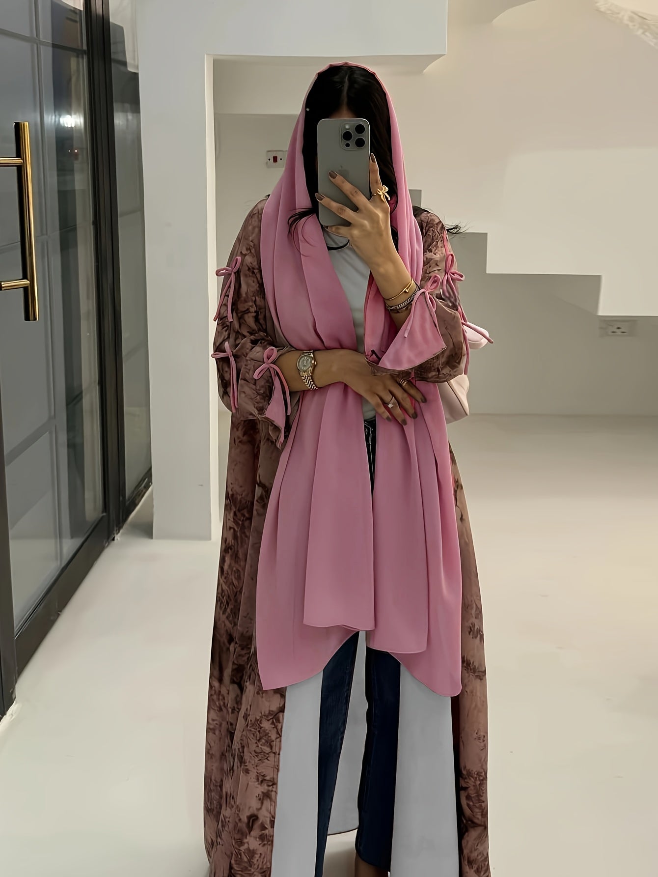 Women'S Elegant Blue Floral Print Chiffon Abaya with Golden Accents - / MH