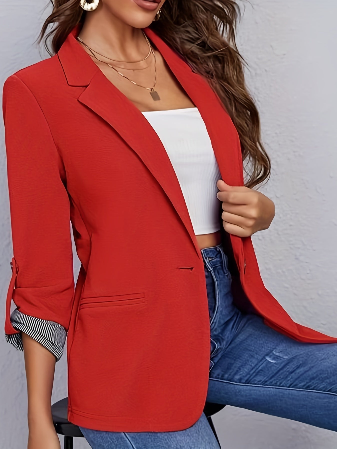 Solid Color Open Front Blazer, Elegant Lapel Neck Single Button.