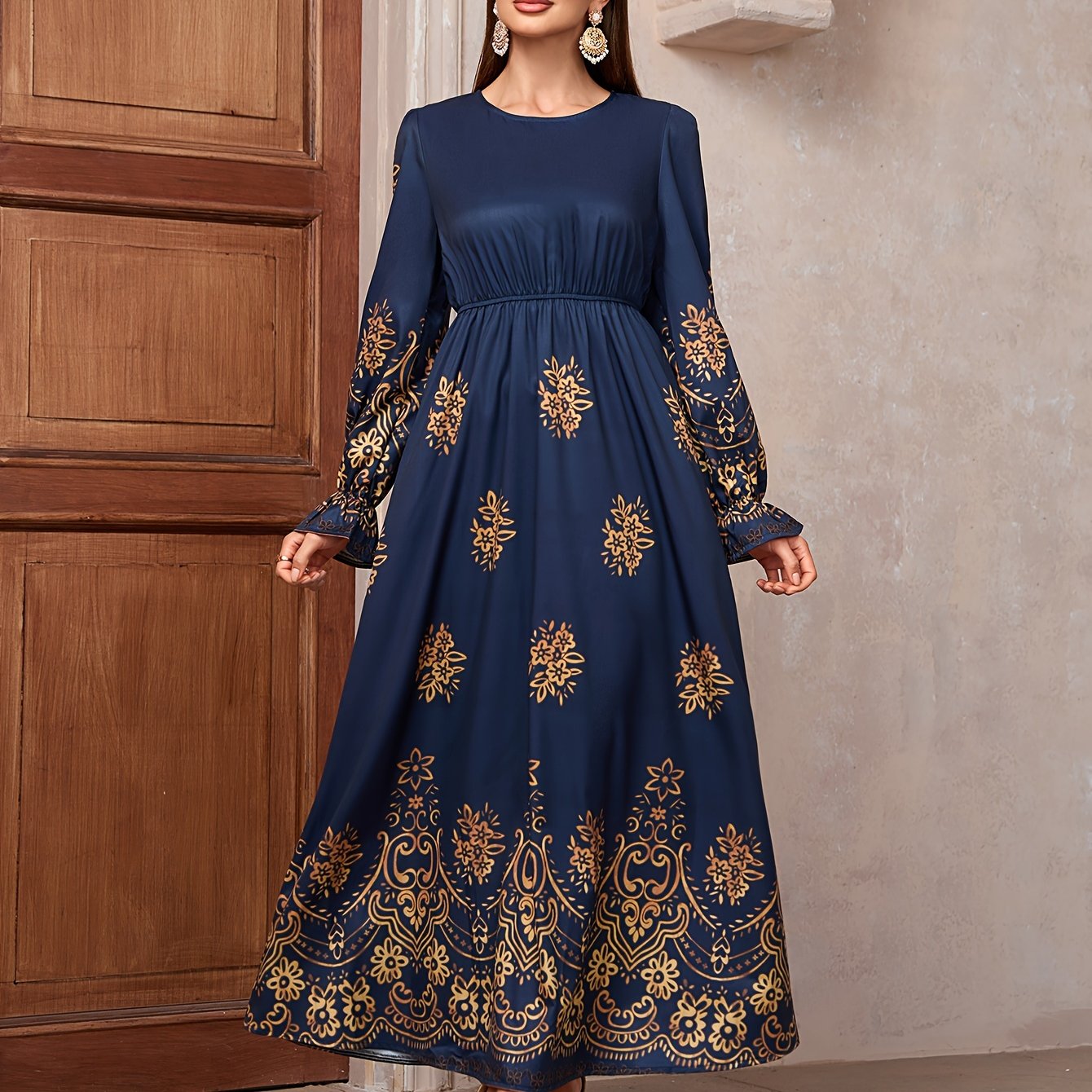 Floral Print Crew Neck Kaftan Dress, Elegant Long Sleeve 'MH