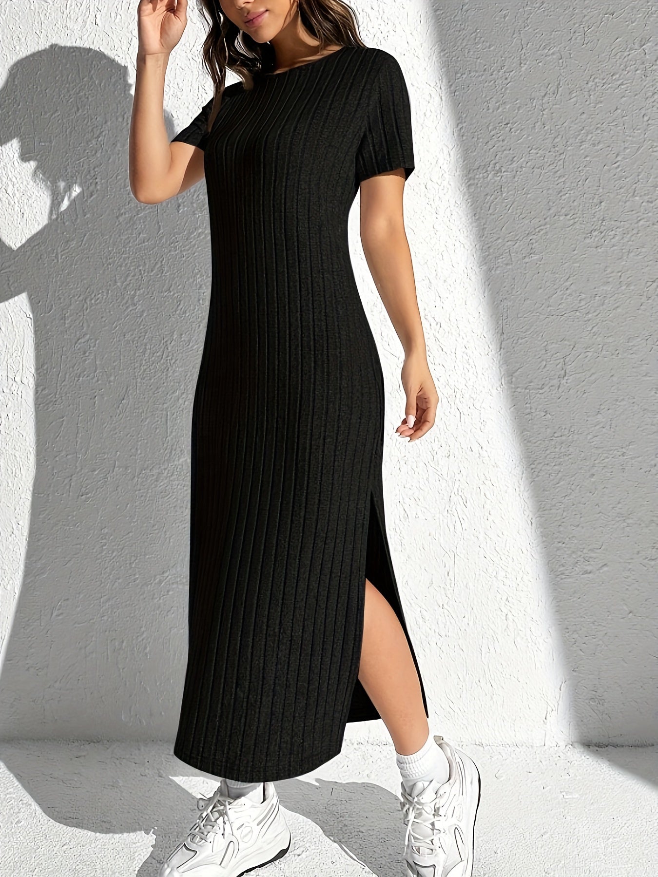 Sweater Dress, Short Sleeve Crew Neck Casual Dress, Women's Clothing.