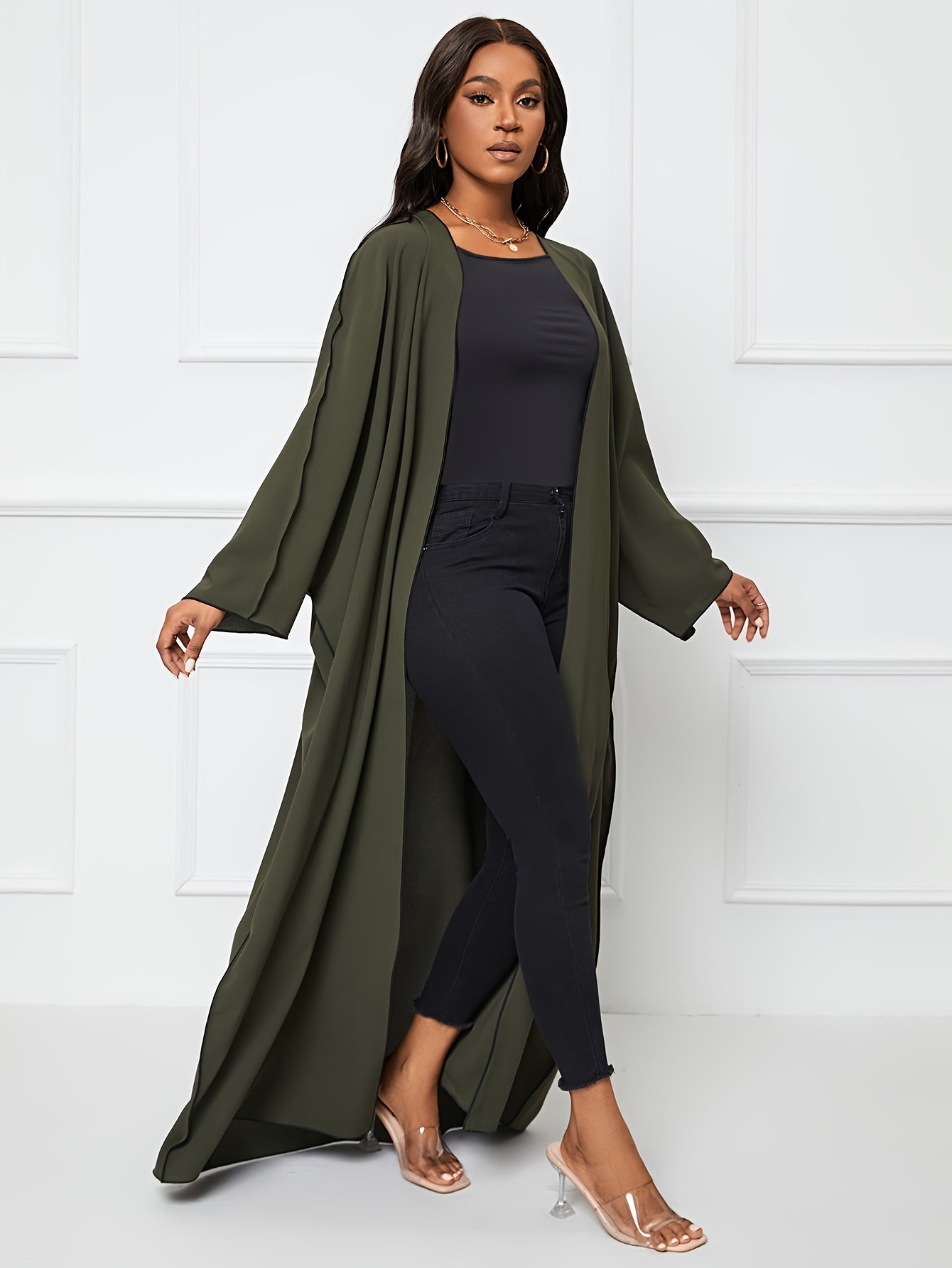 Solid Crew Neck Long Sleeve Kaftan Dress, /MH