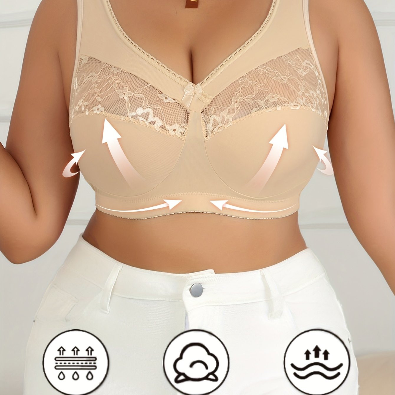 Plus Size Contrast Lace Trim Bra - Breathable Comfortable Stretch Fabric,/MH